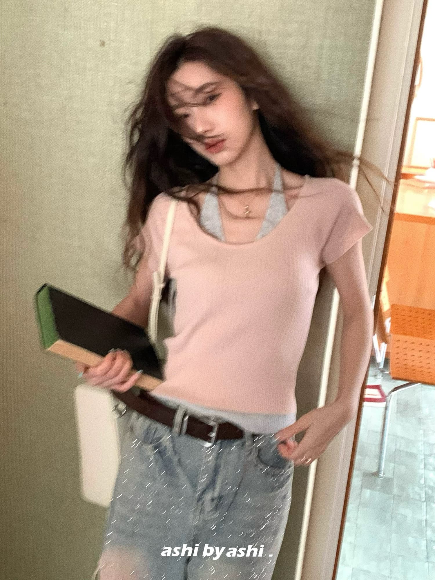보다 큼 시 재미있는 색상 페이크 레이어드 배색 행침 목 니트 반팔 티셔츠 여성 라이 경기 서울 쇼트 스타일 맨위 상세 이미지 2
