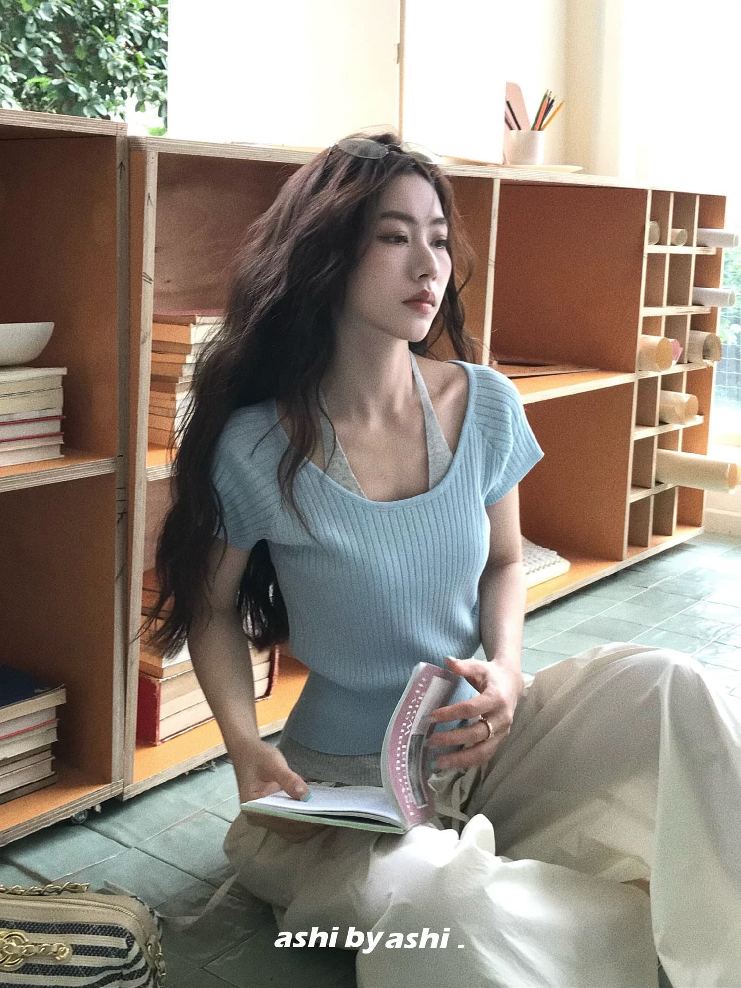보다 큼 시 재미있는 색상 페이크 레이어드 배색 행침 목 니트 반팔 티셔츠 여성 라이 경기 서울 쇼트 스타일 맨위 상세 이미지 3