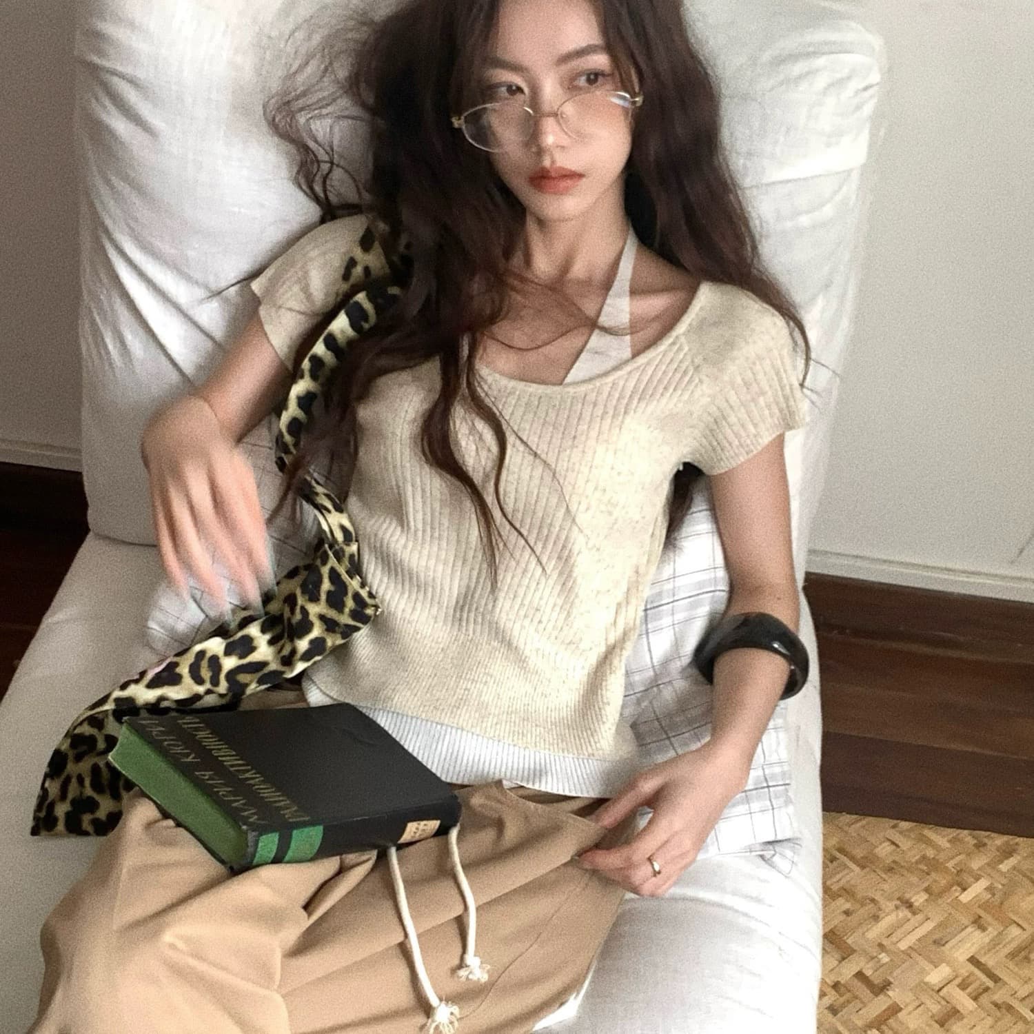 보다 큼 시 재미있는 색상 페이크 레이어드 배색 행침 목 니트 반팔 티셔츠 여성 라이 경기 서울 쇼트 스타일 맨위 상세 이미지 4