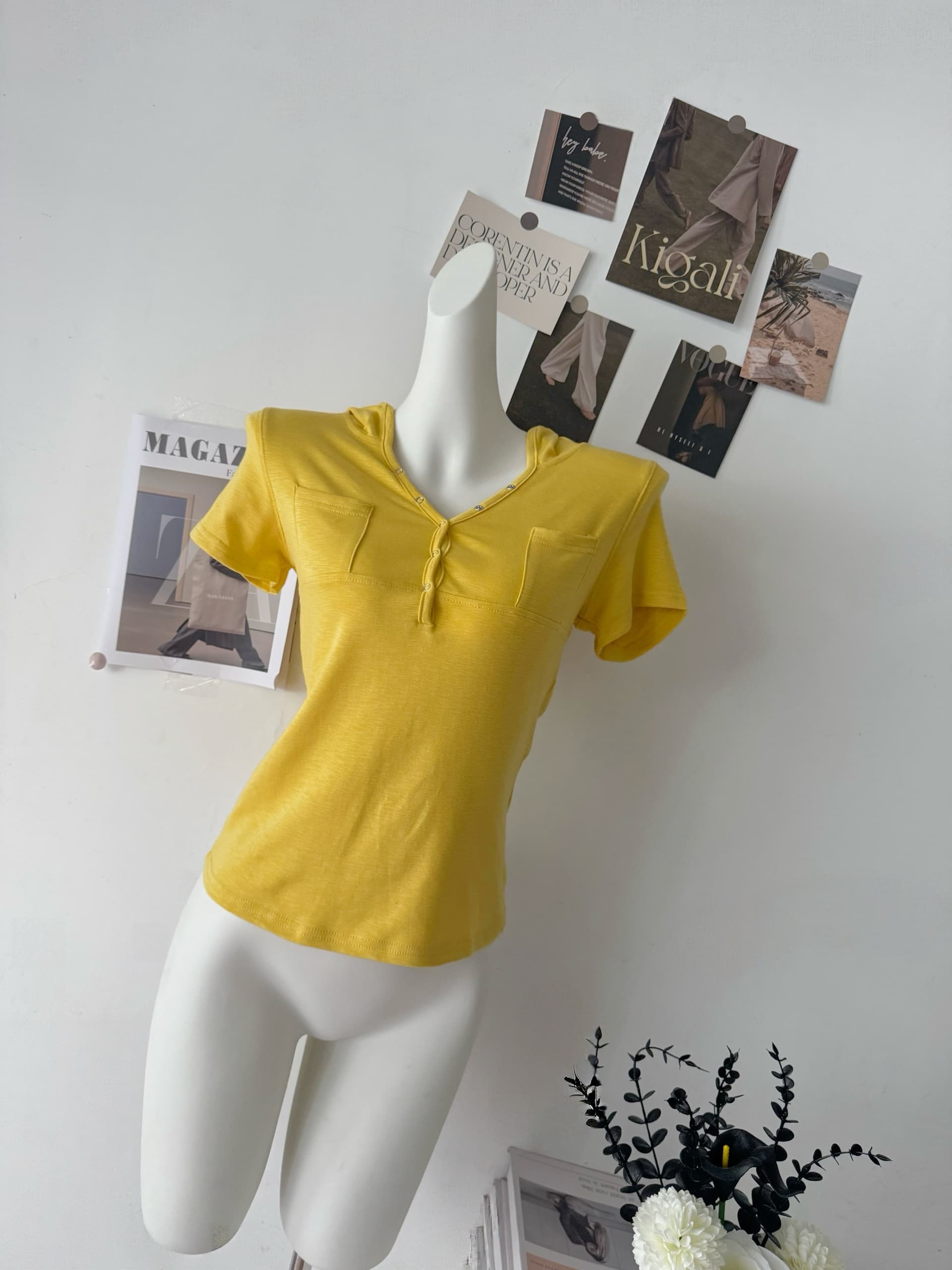suuuicee 레몬 소다 후드 헨리 칼라 디자인 품격 캐주얼 반팔 t 다용도 몸매 가꾸기 맨위 상세 이미지 4