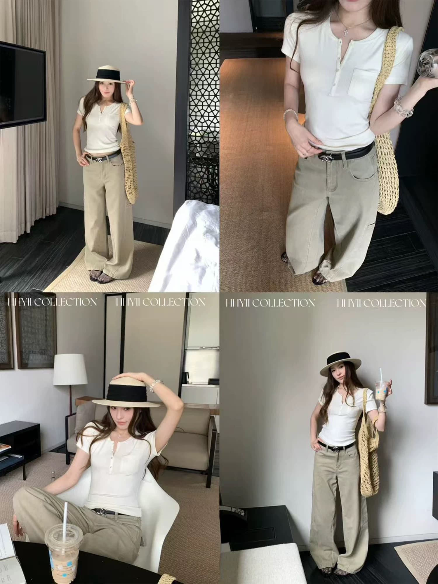 hhyii 인력 한 조각 화이트 단추 헨리 칼라 반팔 티셔츠 여성 여름 한 부서 몸매 가꾸기 슬림해 보이는 캐주얼 맨위 상세 이미지 4