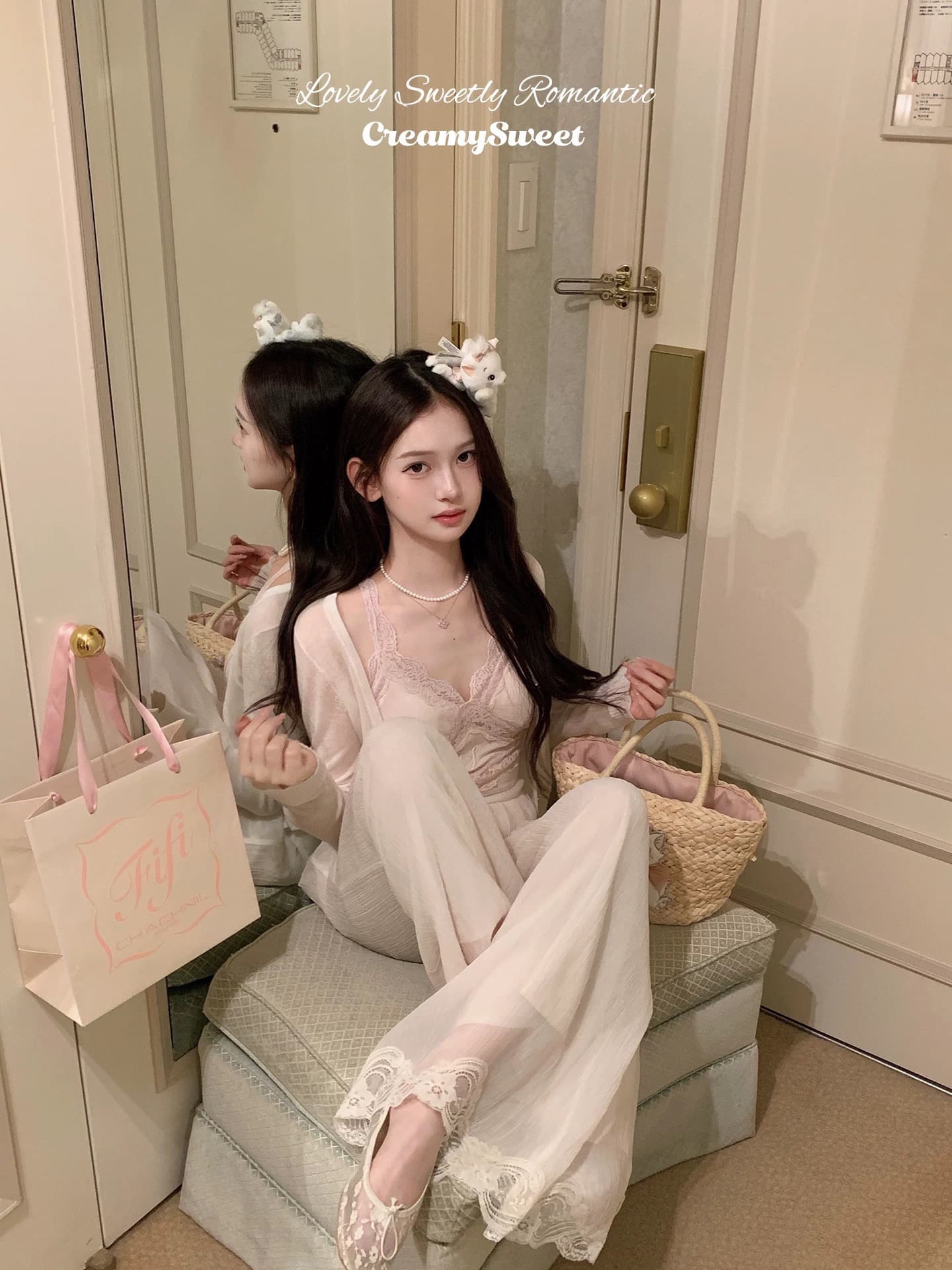 creamysweet 느긋한 펄럭 이는 바지 레이스 조각 홀로우 아웃 레이스 느슨함 도루 가을 센스 캐주얼 긴 바지 여성 상세 이미지 3