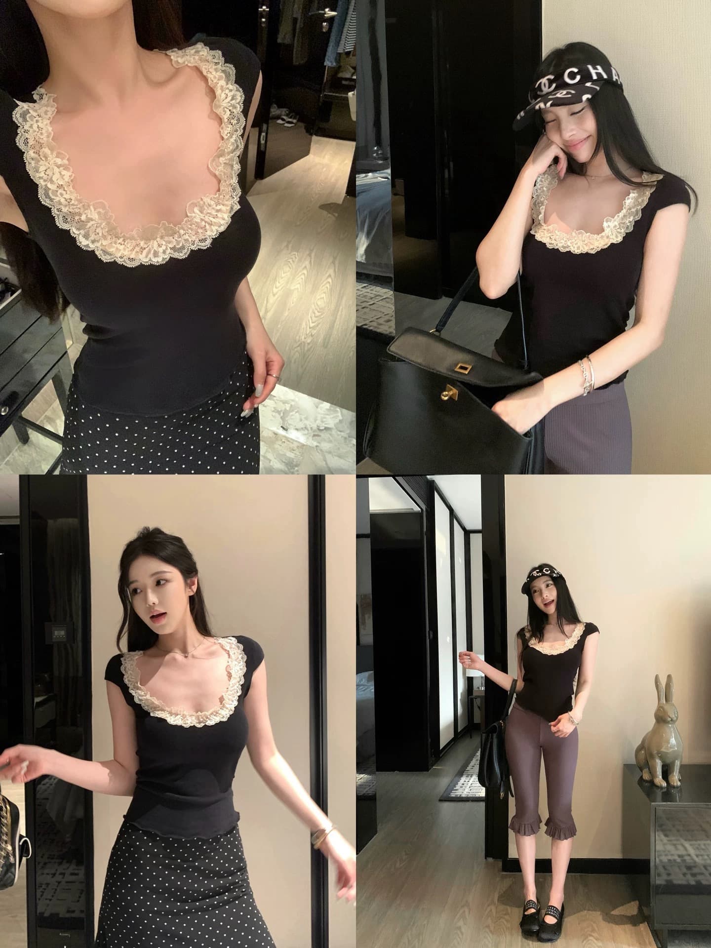 wuu2sweet 우 너무 달콤한 대 u 칼라 레이스 측면 반팔 티셔츠 여성 여름 몸매 가꾸기 슬림해 보이는 허리 수축 순수한 욕망 맨위 상세 이미지 2