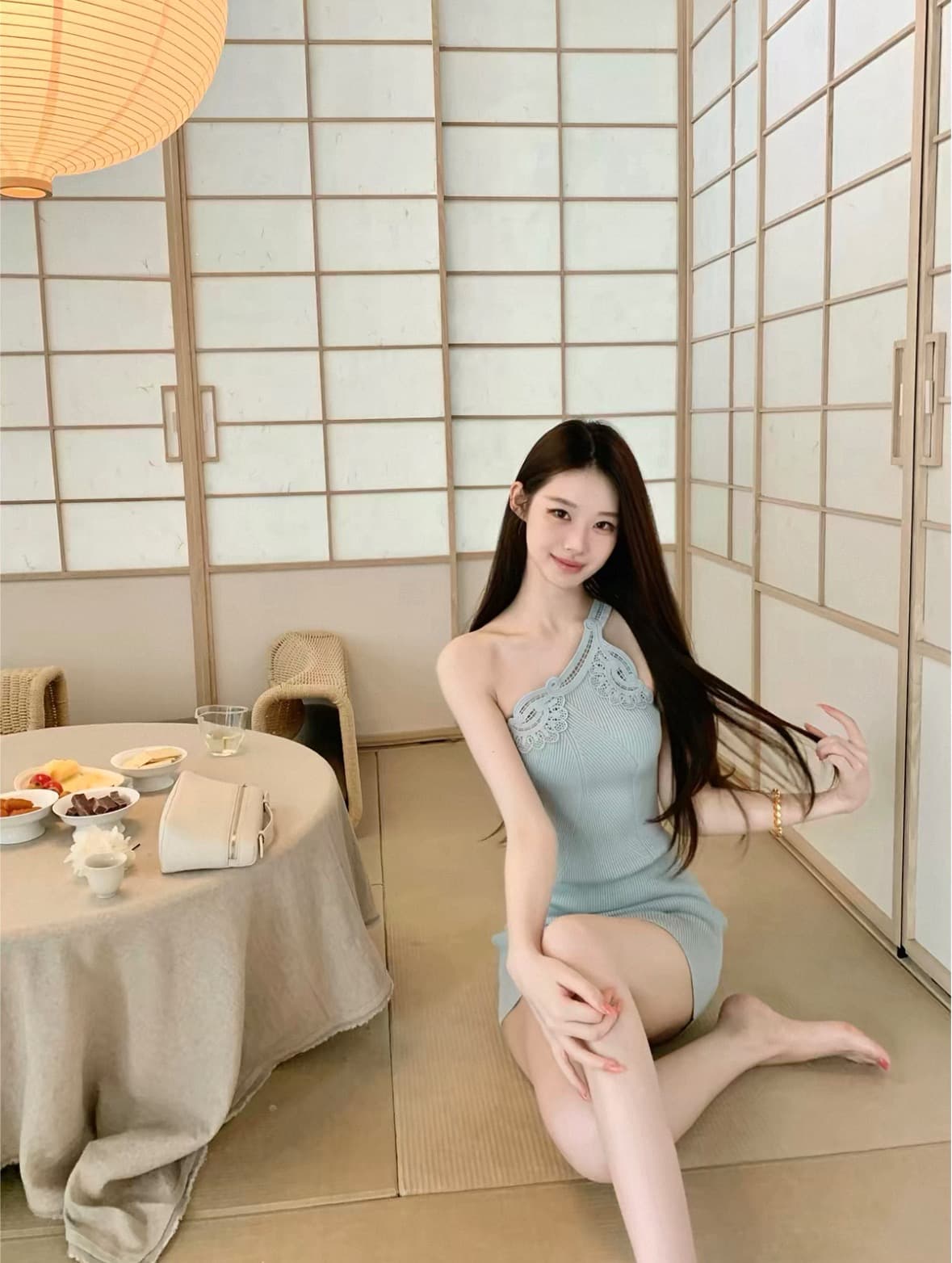 hotdog 핫도그 매우 매운맛 부드러운 가을 향기로운 고유 한 작은 대중 타이트 스커트 드레스 아이들 비스듬한 어깨 니트 원피스 상세 이미지 1