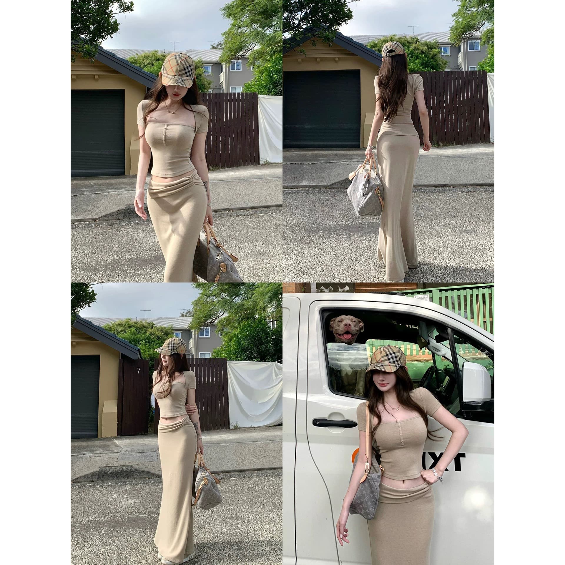 suuuicee 부드러운 커브 관대 한 칼라 주름 허리 머리 순수한 욕망 짧은 맨위 반신 인어 꼬리 치마 세트 상세 이미지 5