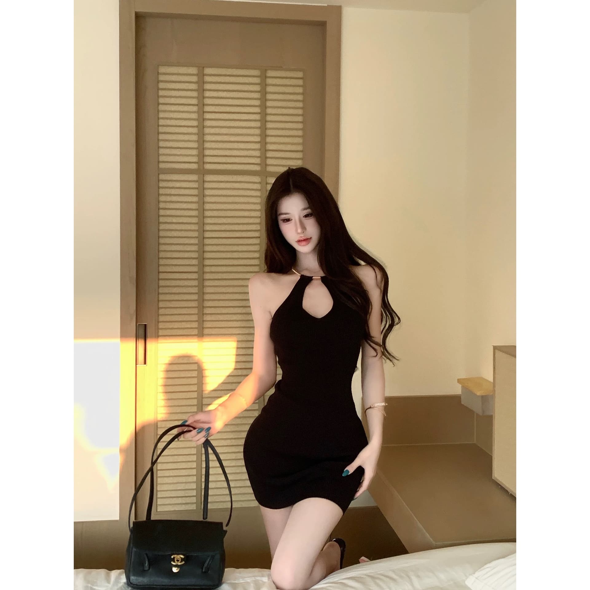 먼지 덩 덩 니트 행침 목 여성 드레스 2026 여름 새로운 섹시함 홀로우 아웃 타이트 스커트 허리 수축 치마 상세 이미지 5