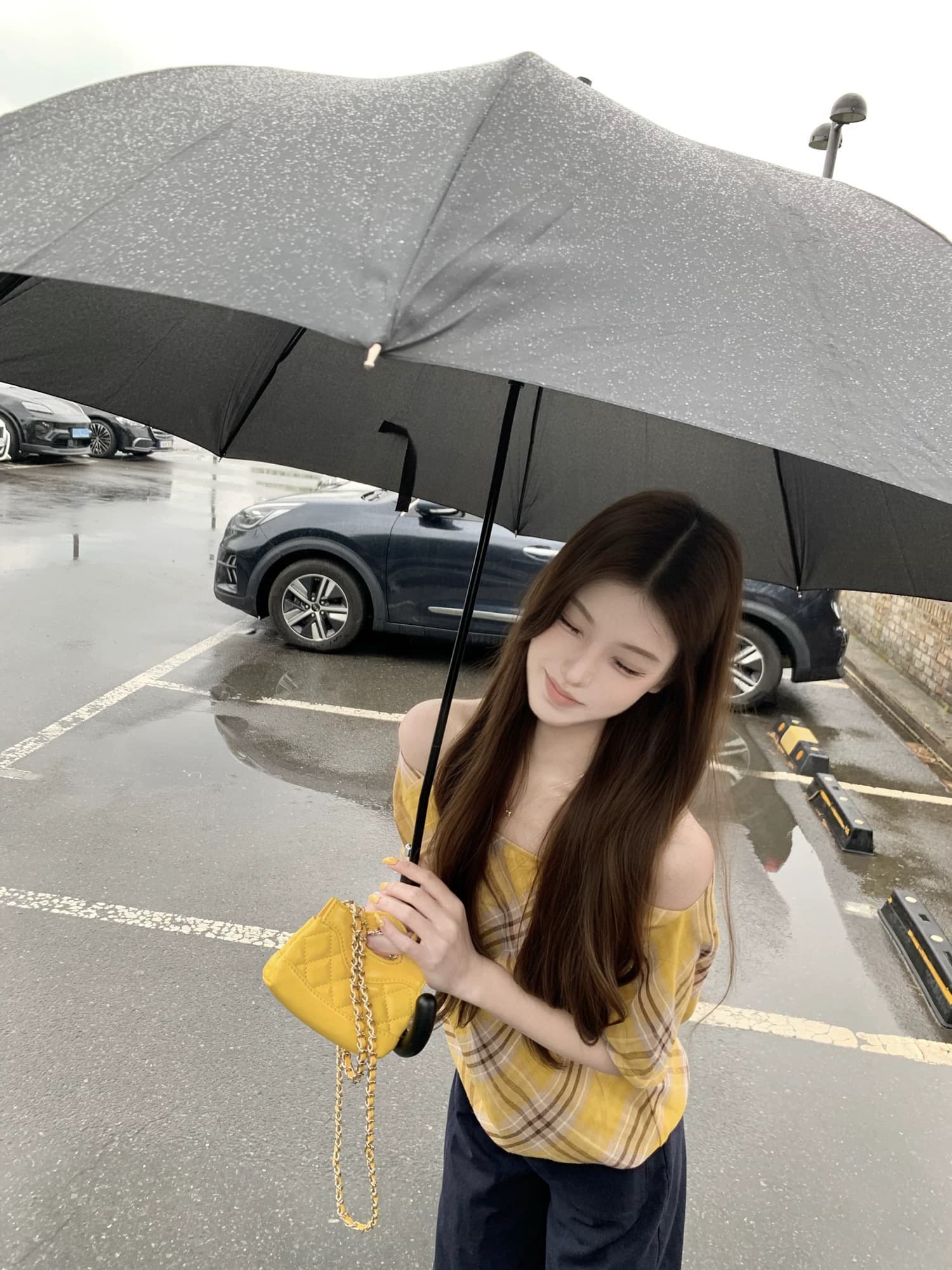wuuus 녹색 작은 마을 황색 체크무늬 오프숄더 맨위 여성 여름 2026 새로운 비스듬한 어깨 반팔 티셔츠 상세 이미지 3
