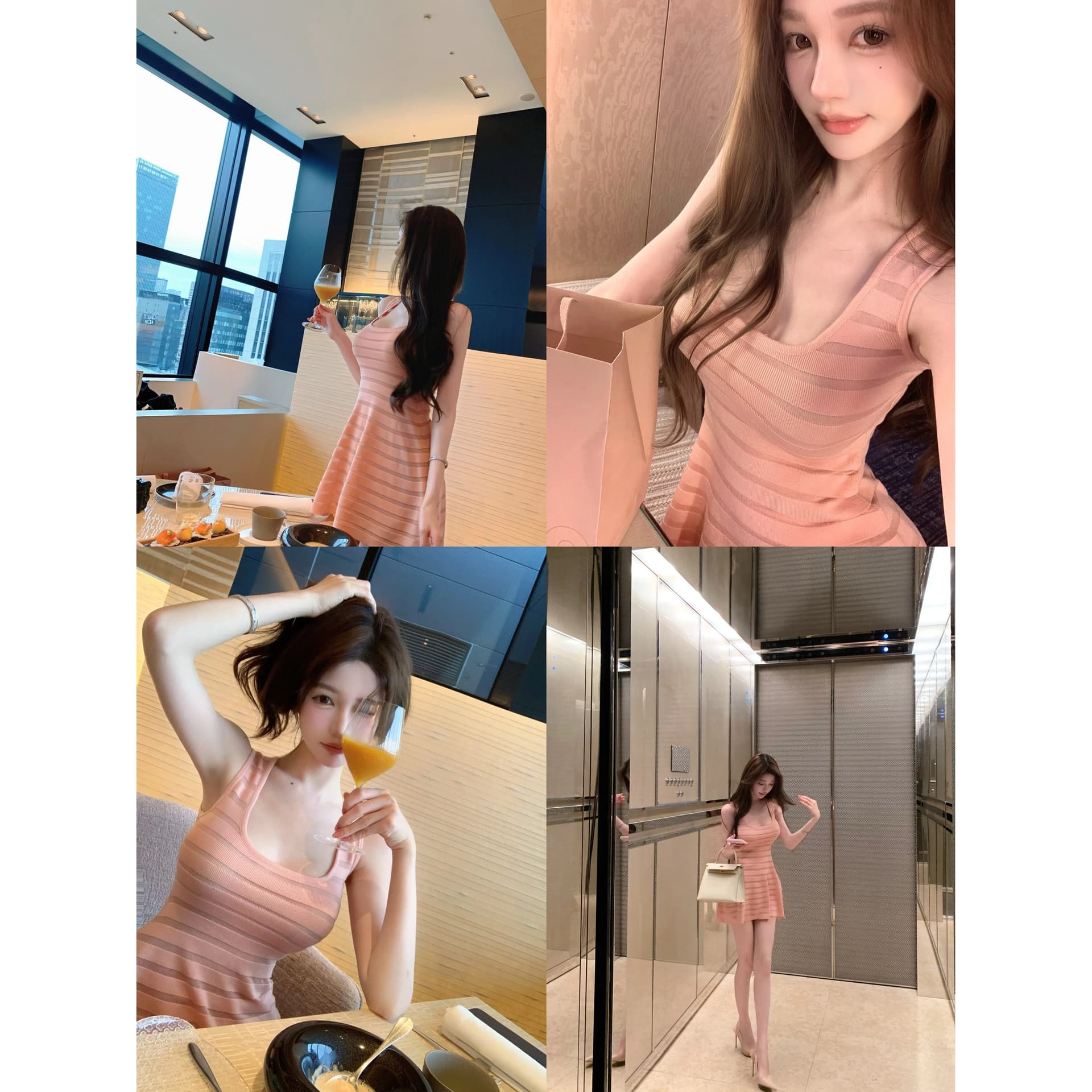 cher 챠오어 복숭아 부드러운 실 홀로우 아웃 스트라이프 슬립 여성 드레스 여름 대 u 칼라 니트 우산 진자 치마 상세 이미지 5