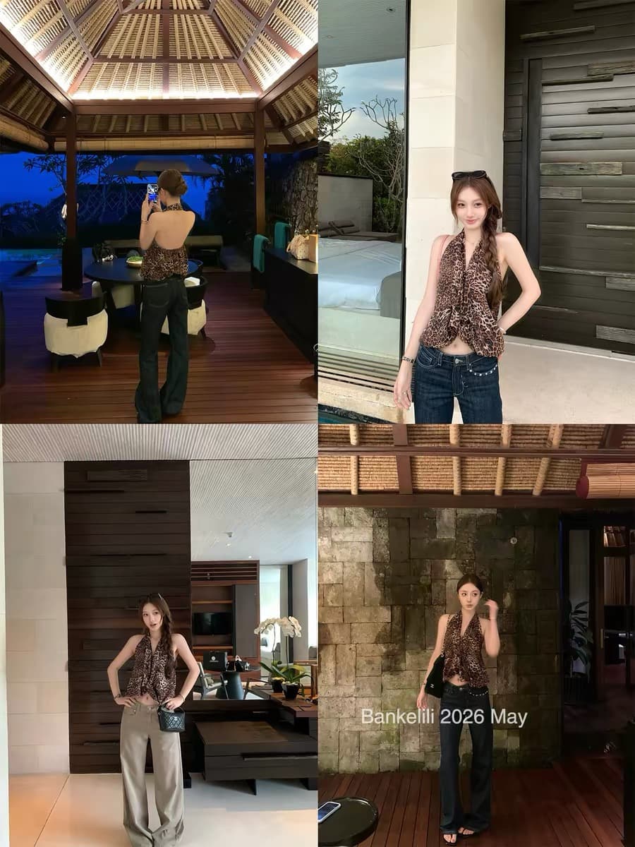 밤나무 코코아 bankelili 홍콩섬 핫걸 뜨거운 레오파드 무늬 프린트 V넥 행침 목 조끼 맨위 여성 봄 이미지 4