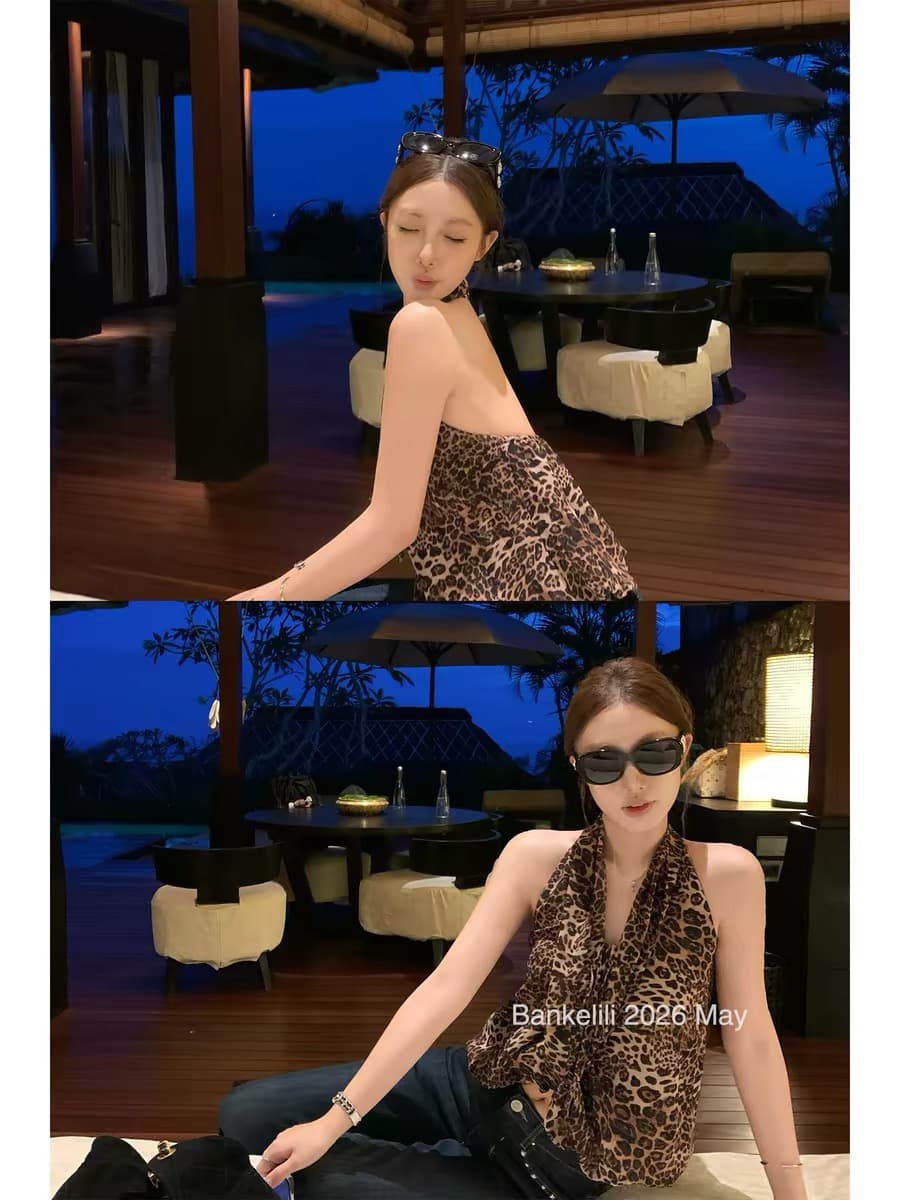 밤나무 코코아 bankelili 홍콩섬 핫걸 뜨거운 레오파드 무늬 프린트 V넥 행침 목 조끼 맨위 여성 봄 상세 이미지 4