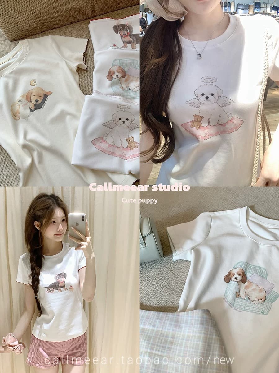 callmeear 오리지널 프린트 강아지 디자인 긍정적 인 어깨 반팔 티셔츠 여성 여름 반소매 맨위 이미지 4