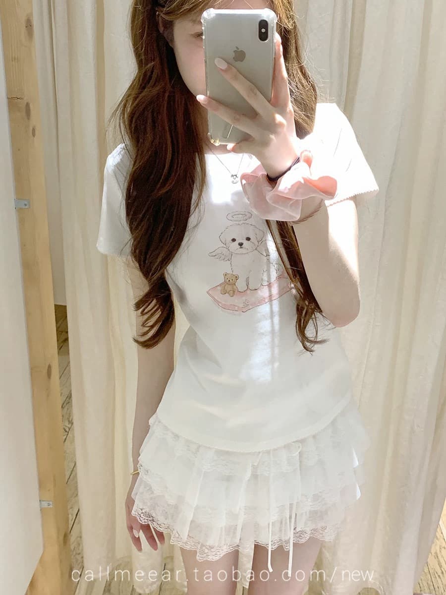 callmeear 오리지널 프린트 강아지 디자인 긍정적 인 어깨 반팔 티셔츠 여성 여름 반소매 맨위 이미지 2