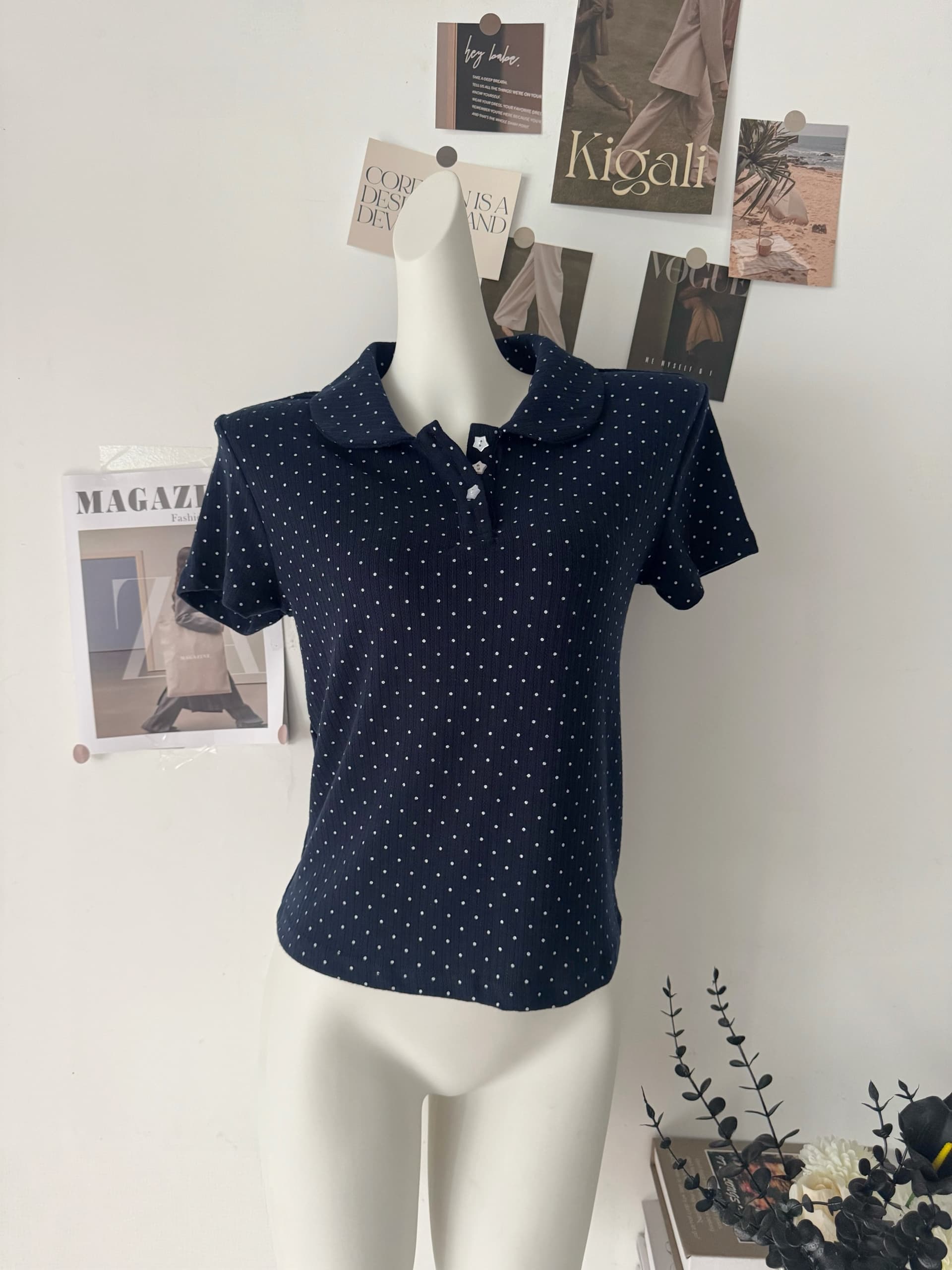 rainy 한 부서 달콤한 미적 감각 베이비 칼라 티셔츠 여름 여성 POLO 칼라 도트 무늬 별 버클 연령 감소 반팔 맨위 이미지 2