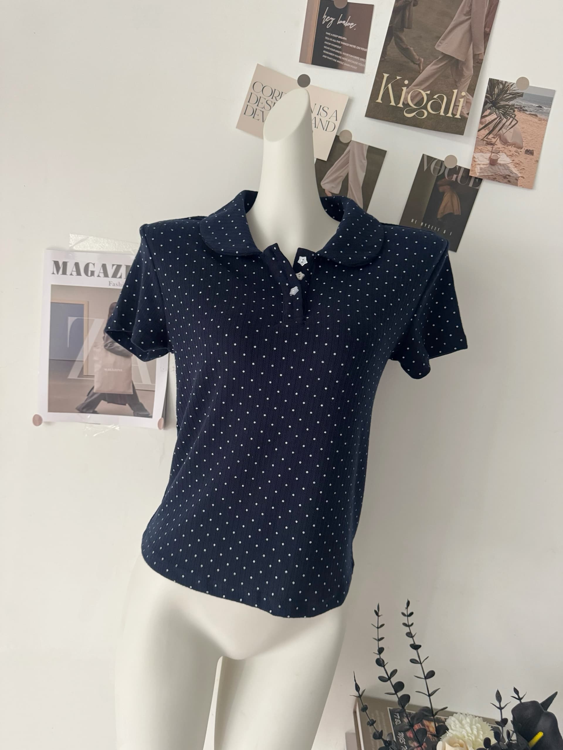 rainy 한 부서 달콤한 미적 감각 베이비 칼라 티셔츠 여름 여성 POLO 칼라 도트 무늬 별 버클 연령 감소 반팔 맨위 상세 이미지 2