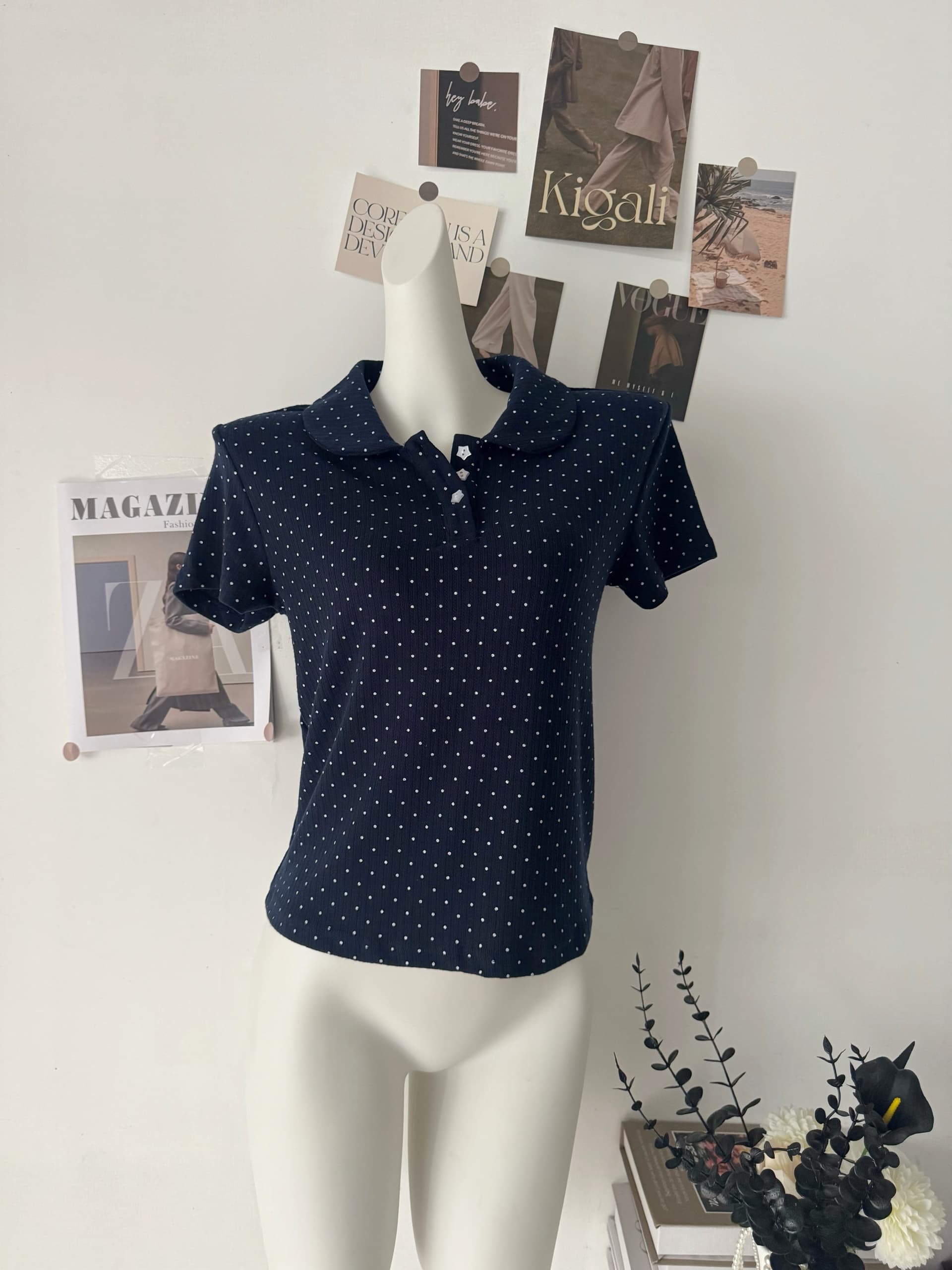 rainy 한 부서 달콤한 미적 감각 베이비 칼라 티셔츠 여름 여성 POLO 칼라 도트 무늬 별 버클 연령 감소 반팔 맨위 상세 이미지 3