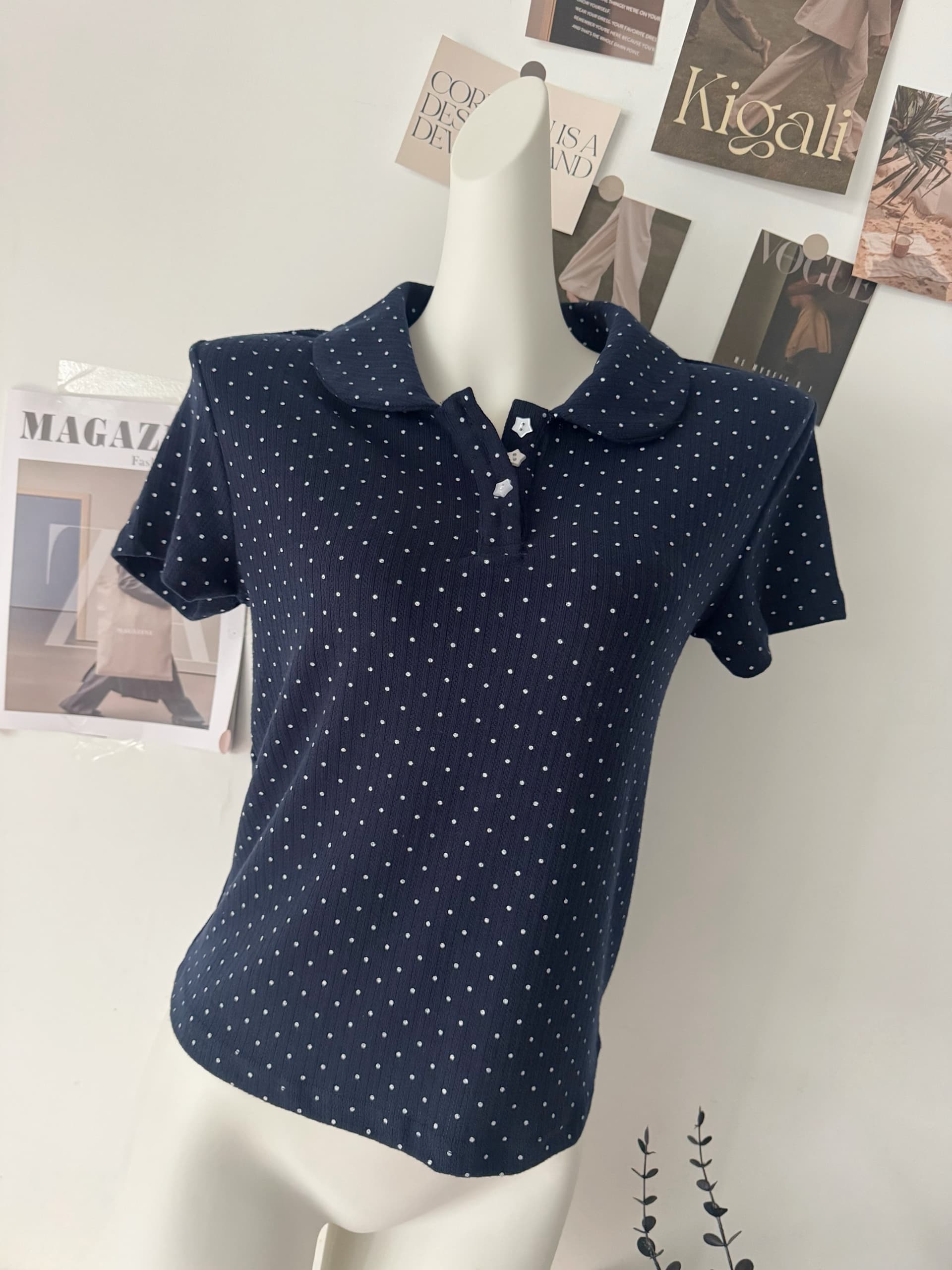 rainy 한 부서 달콤한 미적 감각 베이비 칼라 티셔츠 여름 여성 POLO 칼라 도트 무늬 별 버클 연령 감소 반팔 맨위 상세 이미지 4