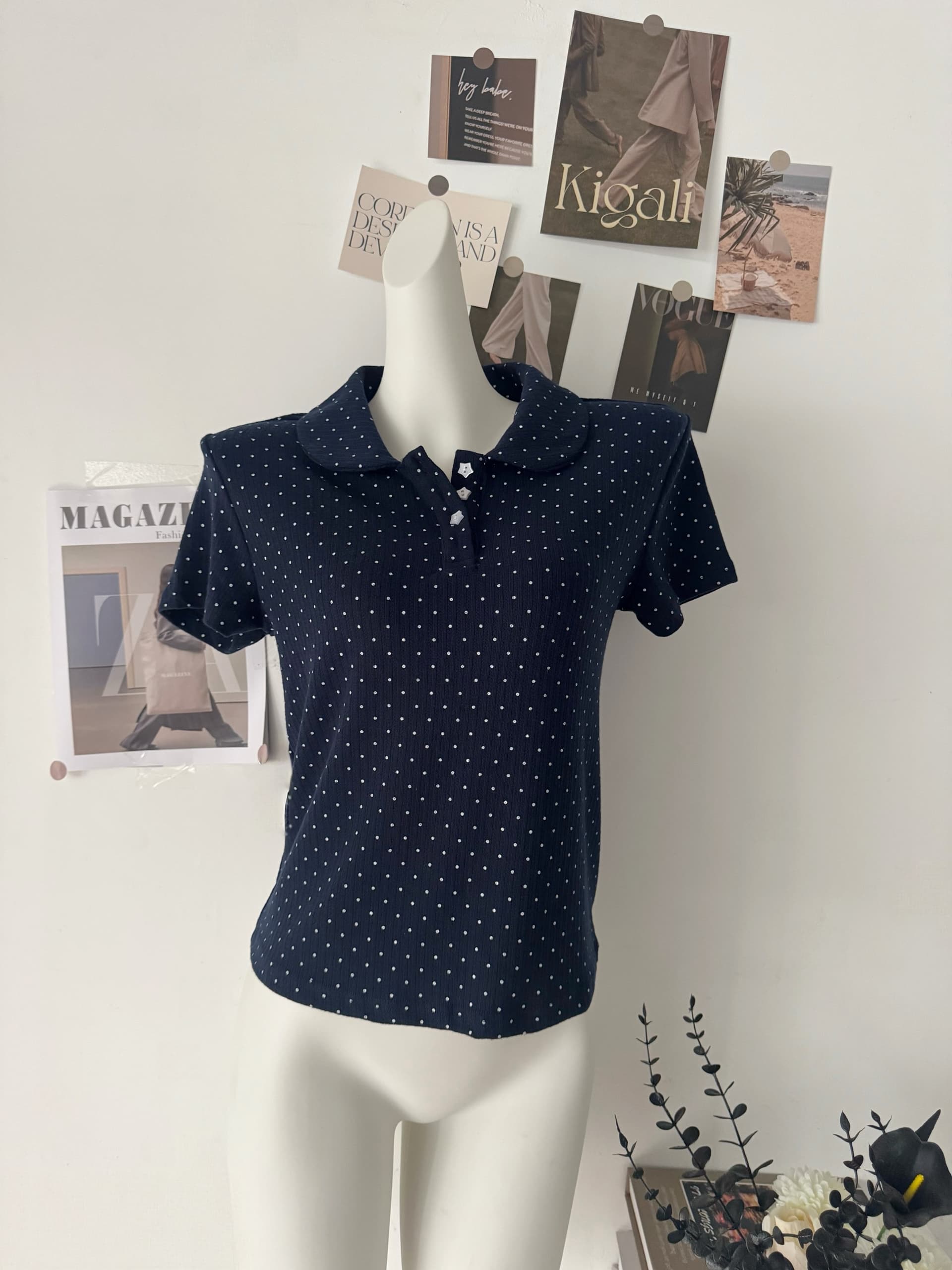 rainy 한 부서 달콤한 미적 감각 베이비 칼라 티셔츠 여름 여성 POLO 칼라 도트 무늬 별 버클 연령 감소 반팔 맨위 상세 이미지 5