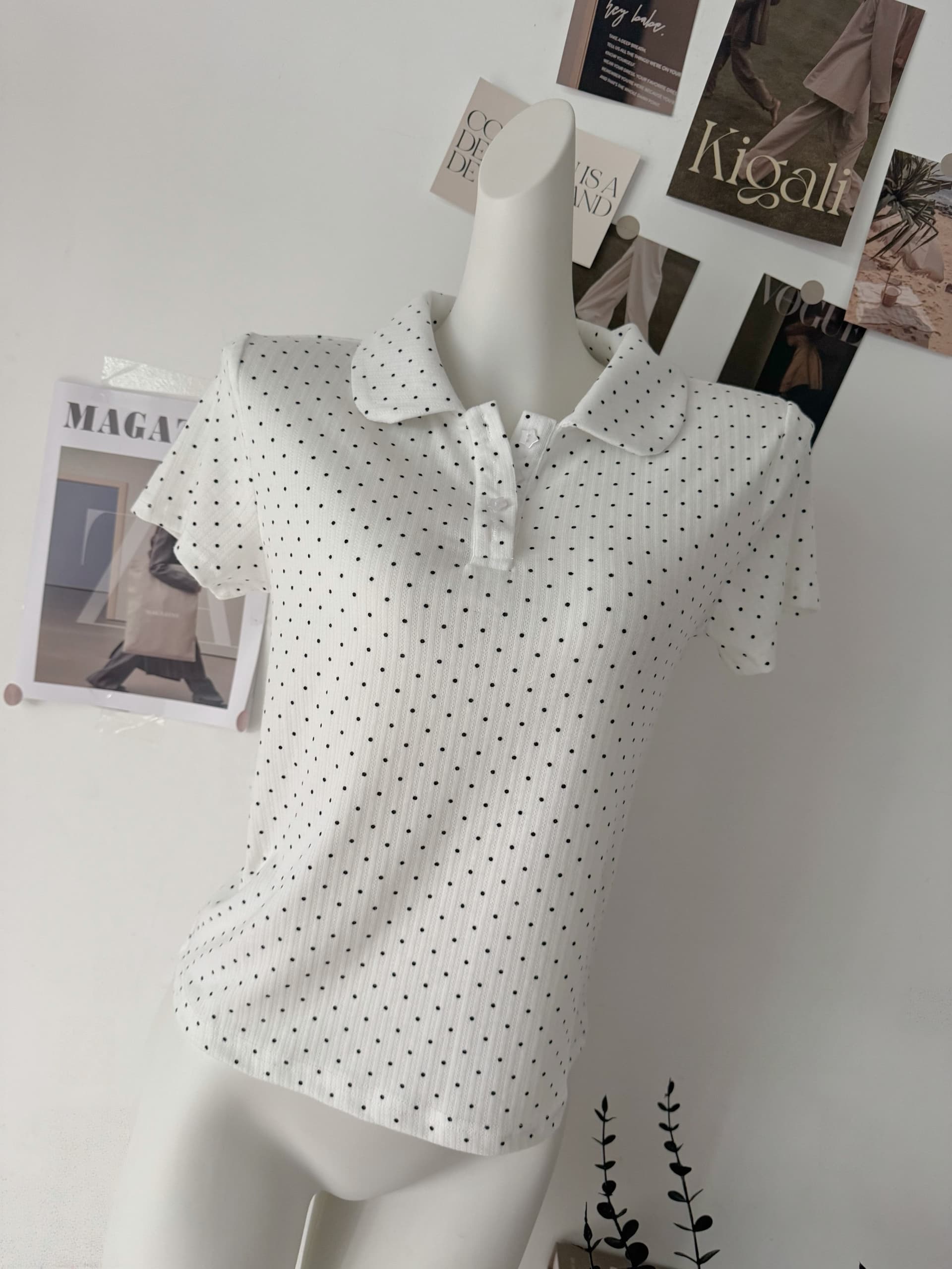 rainy 한 부서 달콤한 미적 감각 베이비 칼라 티셔츠 여름 여성 POLO 칼라 도트 무늬 별 버클 연령 감소 반팔 맨위 상세 이미지 8