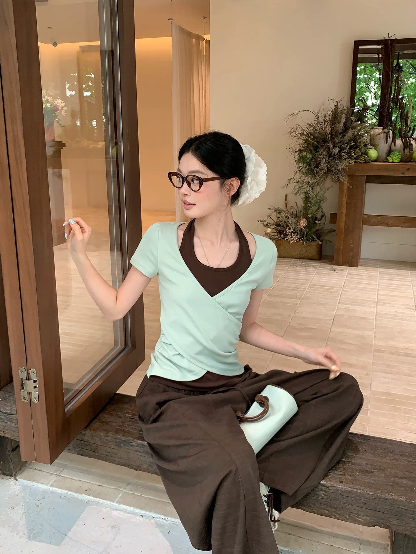 송 긍정적 인 En 한 부서 녹색 페이크 레이어드 행침 목 몸매 가꾸기 반팔 티셔츠 여성 여름 새로운 쇼트 스타일 핫걸 작은 맨위 상세 이미지 4