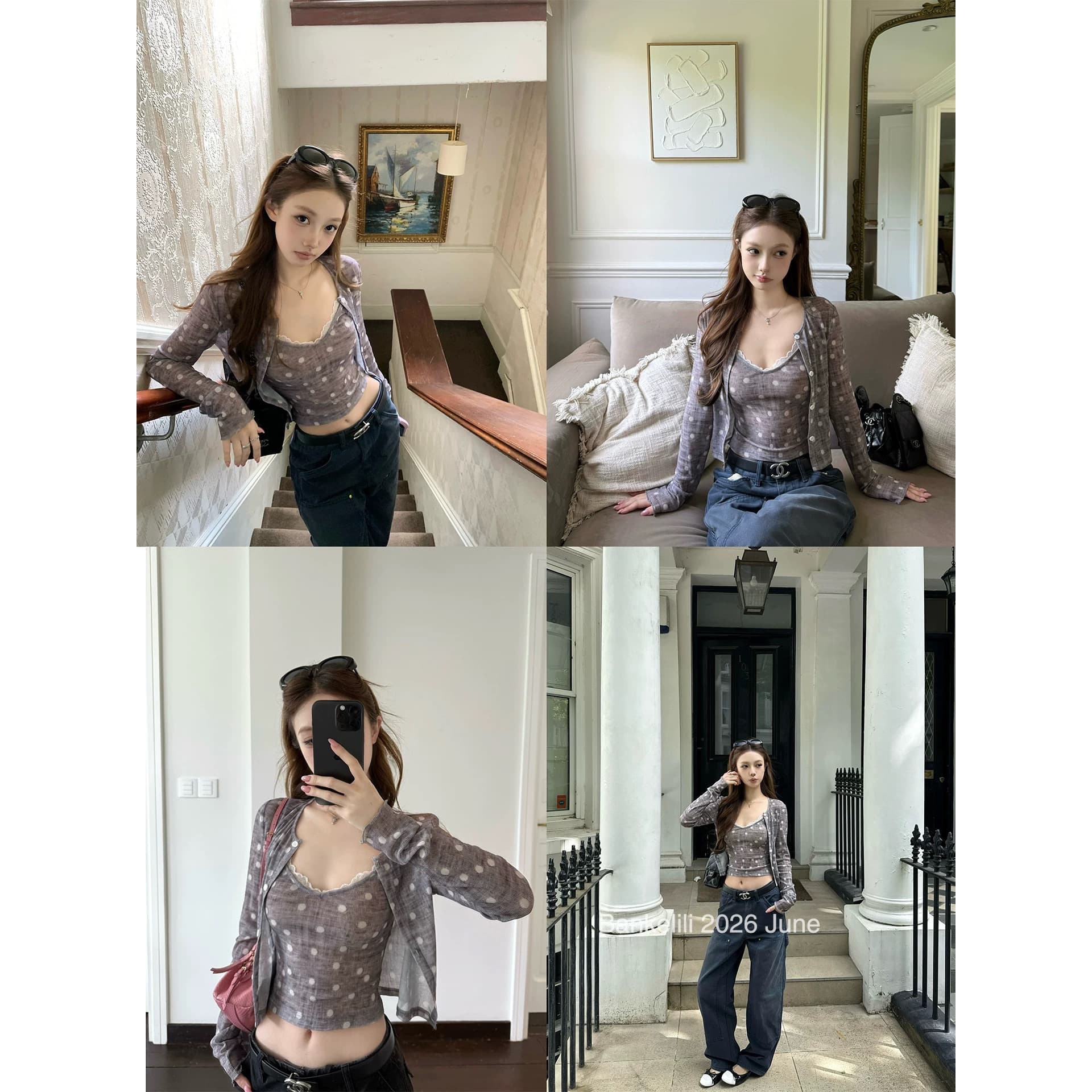 밤나무 코코아 bankelili 골동품 앨리스 디자인 센스 자카드 레이스 도트 무늬 오픈 가디건 슬립 세트 그룹 상세 이미지 5