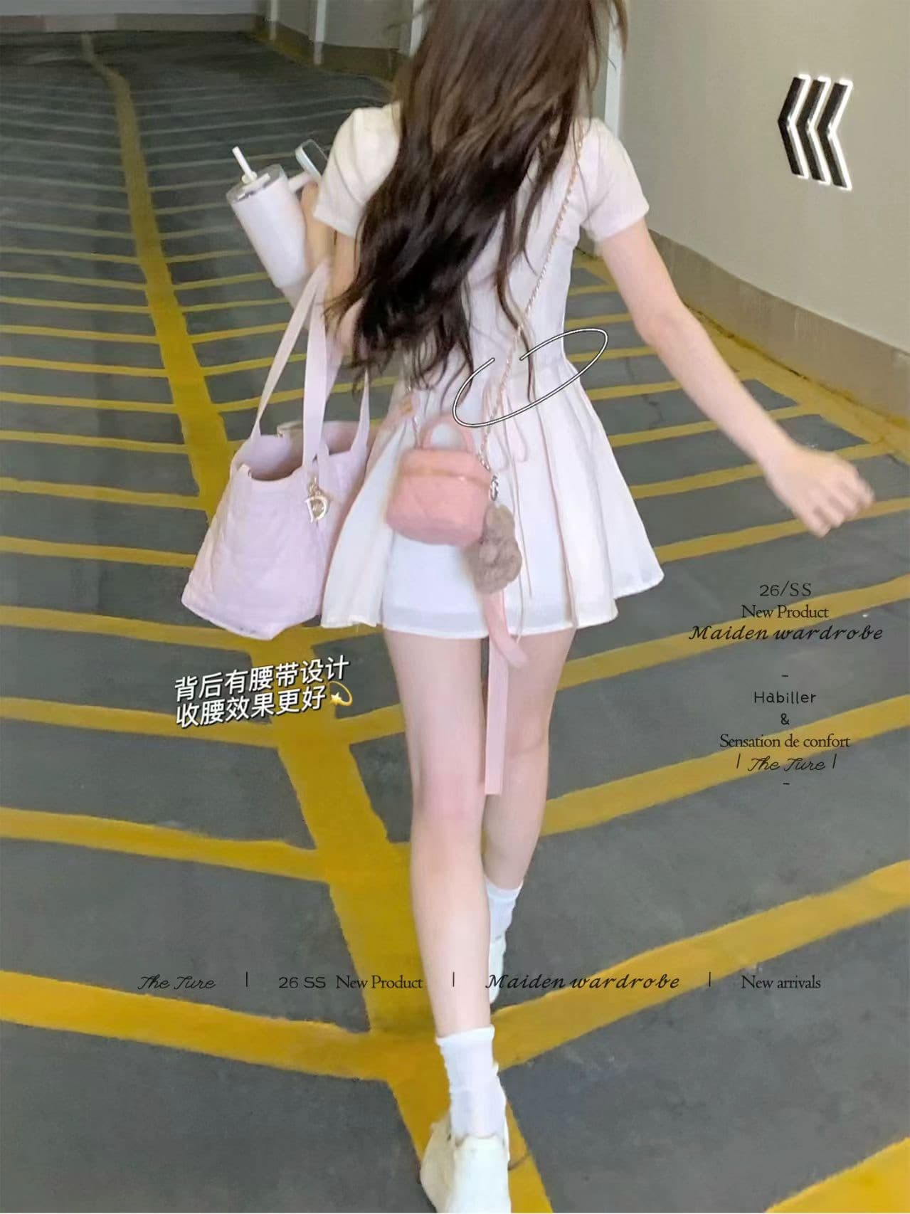 theture 아마 분말 분말 치마 베이비 칼라 여성 드레스 학원 스타일 몸매 가꾸기 슬림해 보이는 허리 수축 반팔 치마 이미지 4