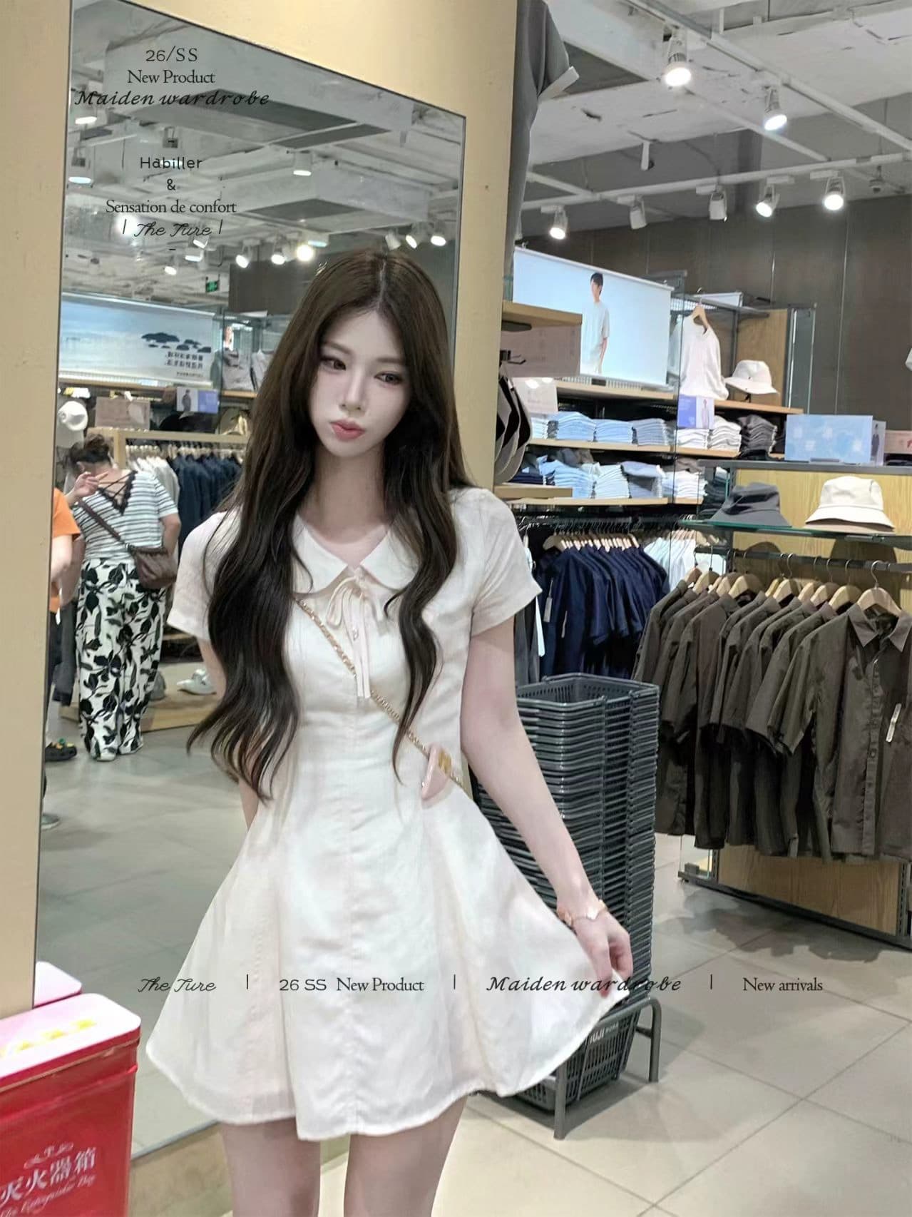 theture 아마 분말 분말 치마 베이비 칼라 여성 드레스 학원 스타일 몸매 가꾸기 슬림해 보이는 허리 수축 반팔 치마 상세 이미지 3