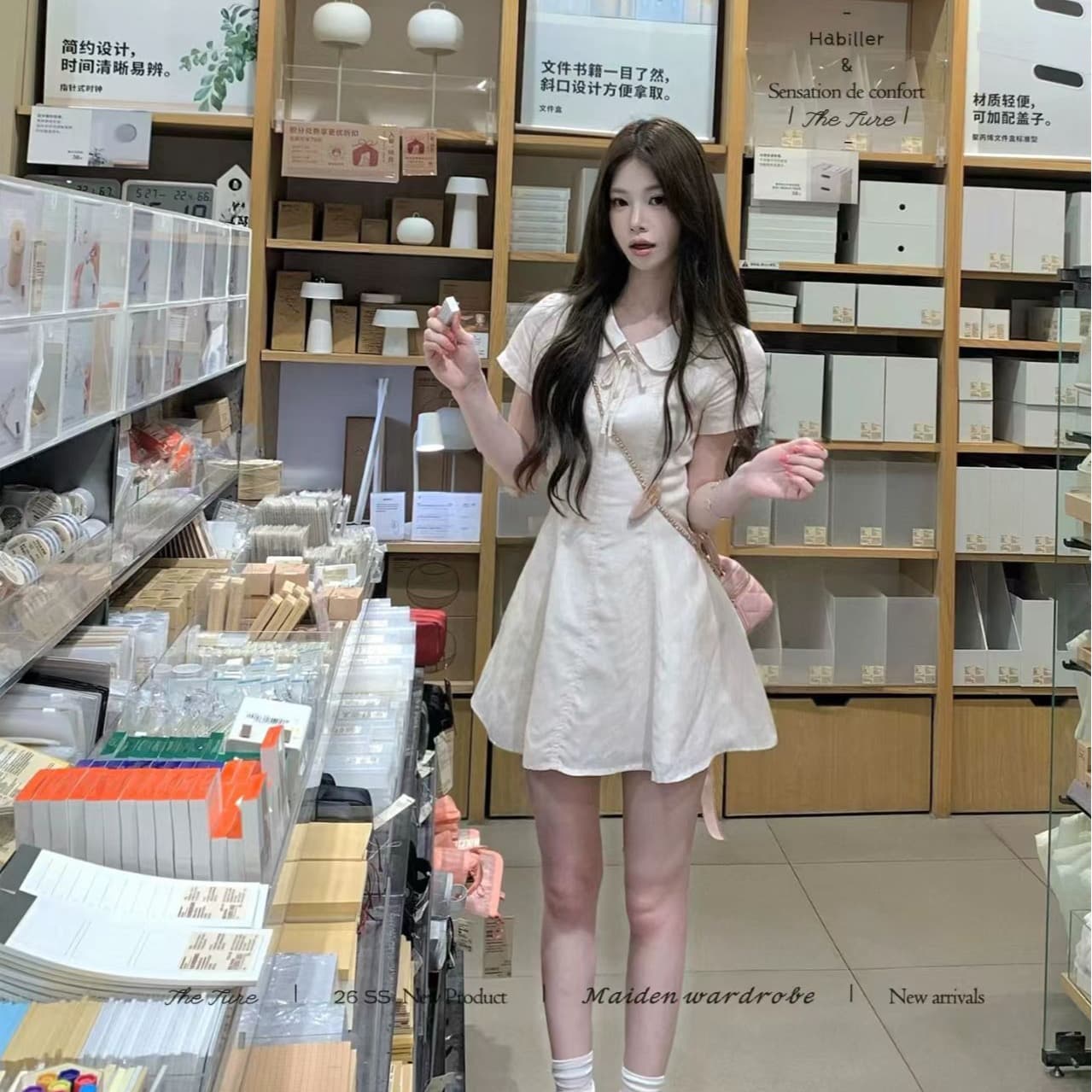 theture 아마 분말 분말 치마 베이비 칼라 여성 드레스 학원 스타일 몸매 가꾸기 슬림해 보이는 허리 수축 반팔 치마 상세 이미지 5