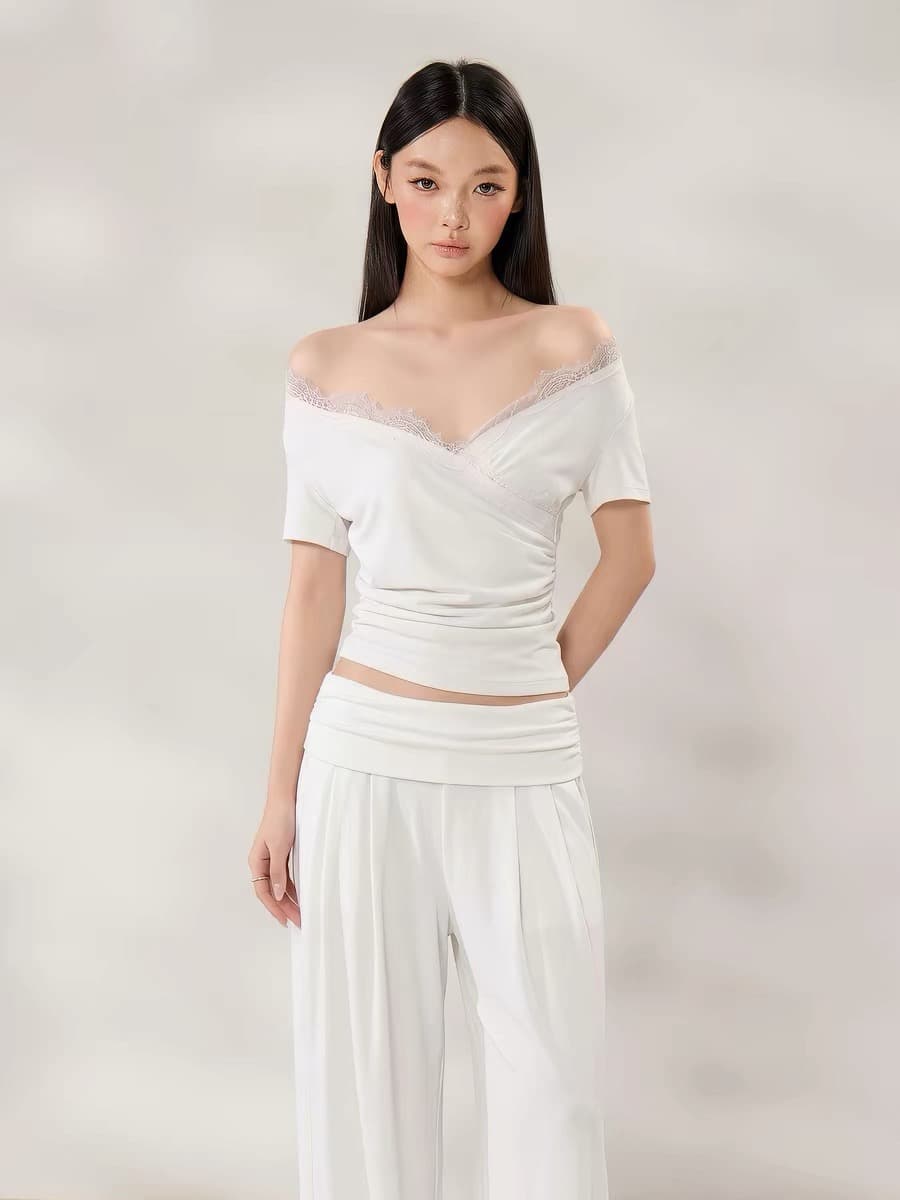 withmin 순수한 욕망 레이스 조각 V넥 반팔 티셔츠 여성 2026 여름 새로운 한 부서 핫걸 허리 수축 맨위 상세 이미지 4