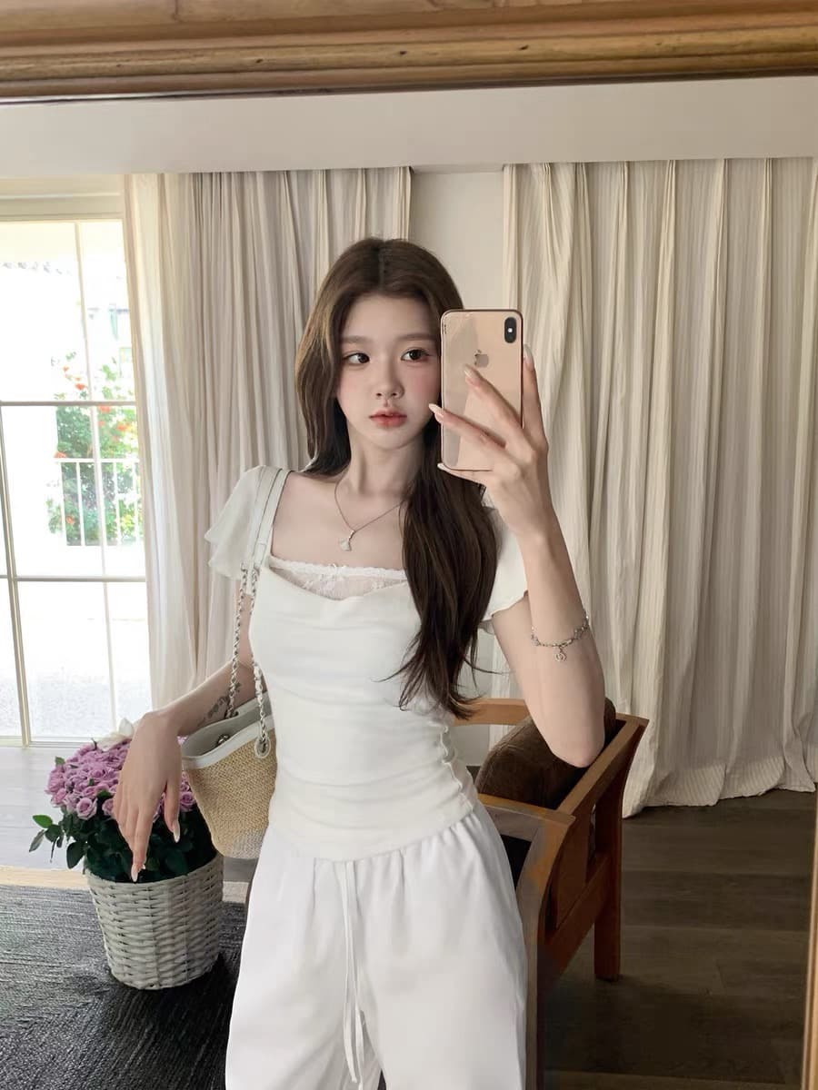 q 여자 집 설탕 큐브 레이스 부드러운 작은 흰색 꽃 흔들다 칼라 주간 실크 모달 반팔 티셔츠 상세 이미지 2