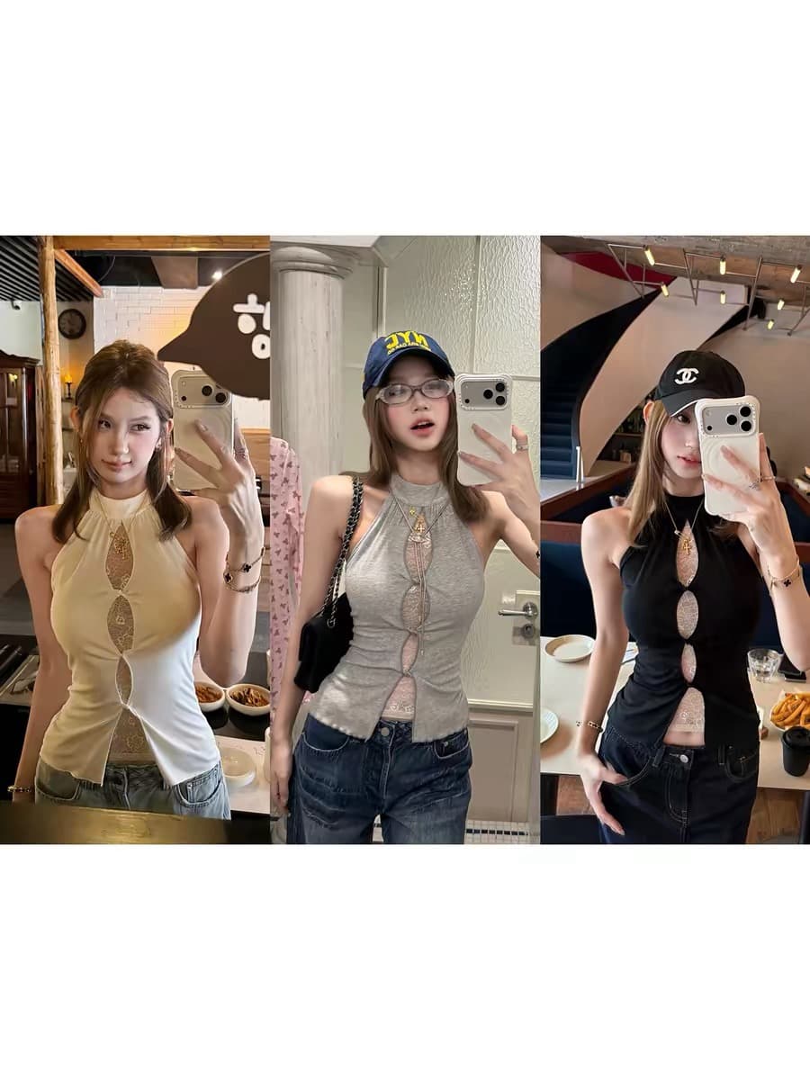 tongiiuu 벤 마치 핫걸 페이크 레이어드 레이스 홀로우 아웃 비틀림 행침 목 니트 조끼 여성 몸매 가꾸기 맨위 이미지 3
