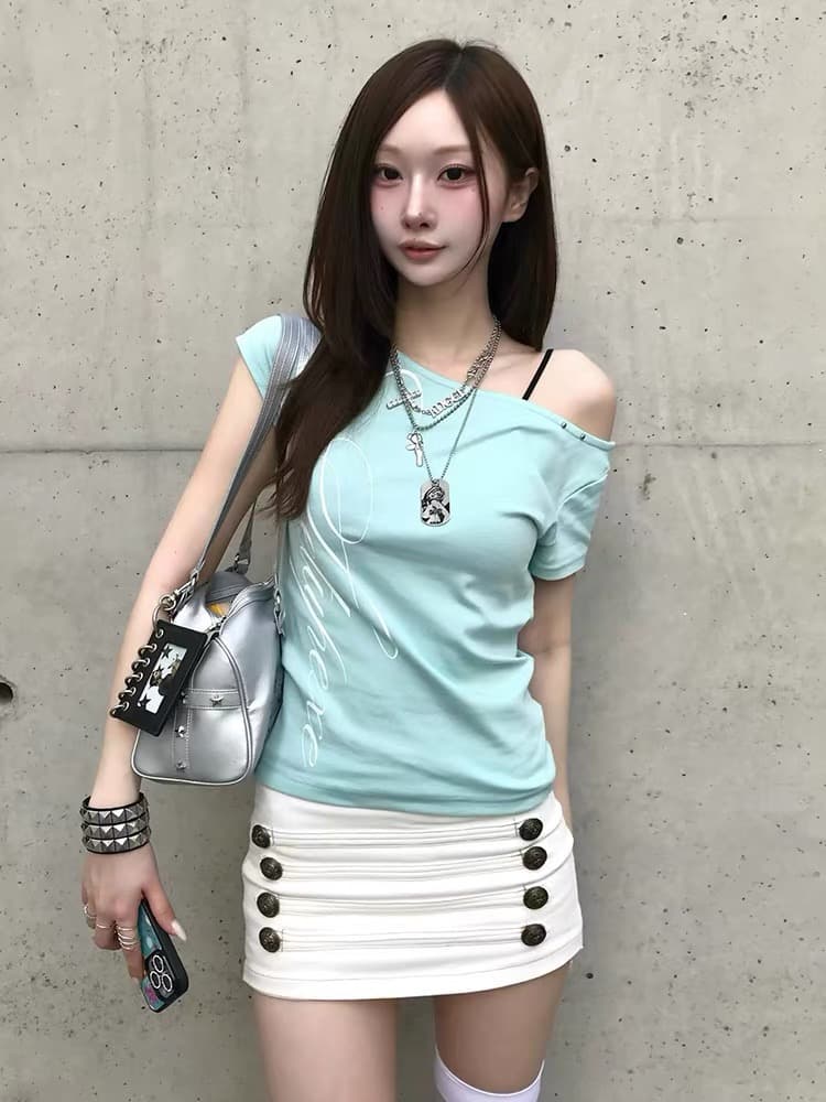 set 박하 녹색 레이스 백리스 십자가 알파벳 프린트 비스듬한 어깨 몸매 가꾸기 반팔 티셔츠