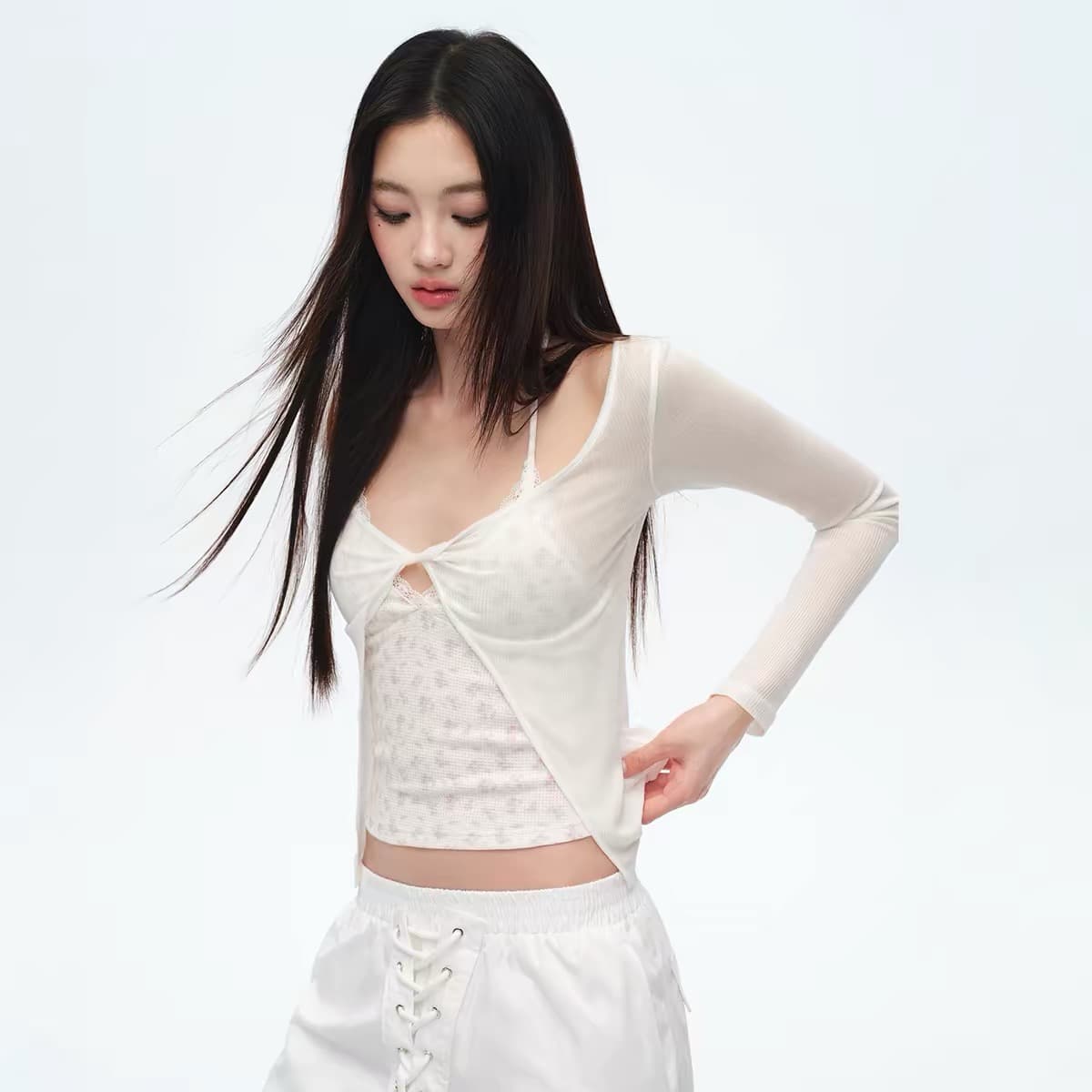 trendkill 오리지널 한 부서 순수한 욕망 바람 행침 목 슬립 비틀림 디자인 얇은 스타일 자외선 차단 블라우스 투피스 세트 이미지 5