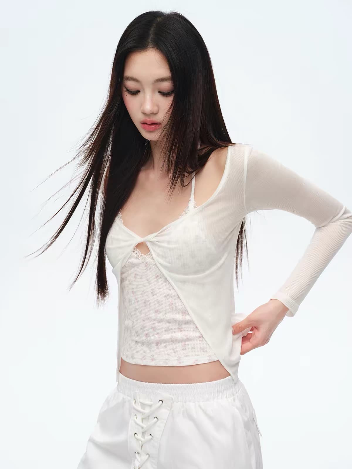 trendkill 오리지널 한 부서 순수한 욕망 바람 행침 목 슬립 비틀림 디자인 얇은 스타일 자외선 차단 블라우스 투피스 세트 상세 이미지 3