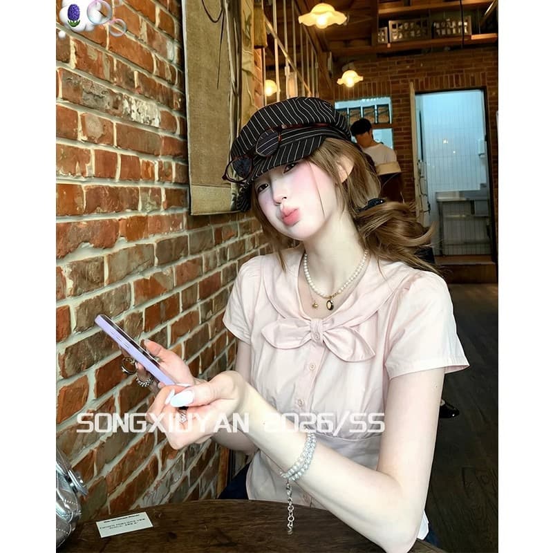 2026 새로운 여름 한 부서 라운드 넥 싱글 줄 버튼 허리 수축 나비 넥타이 셔츠 몸매 가꾸기 슬림해 보이는 반팔 맨위 상세 이미지 1