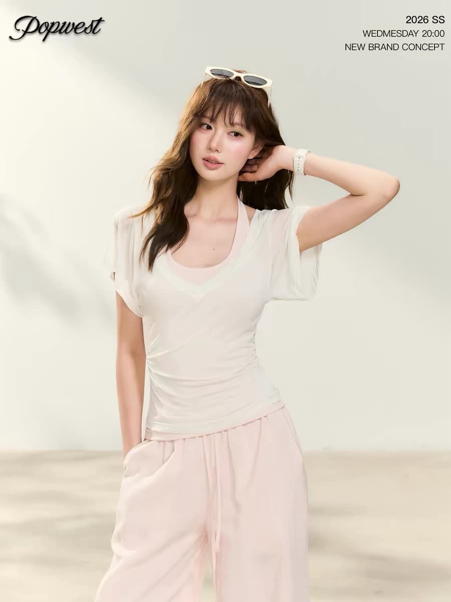 popwest 오리지널 몸매 가꾸기 행침 목 조끼 사실 두 조각 대 u 칼라 긍정적 인 어깨 반팔 티셔츠 맨위 여성 이미지 3