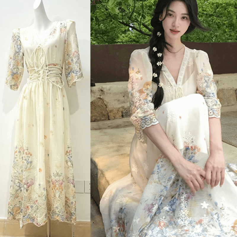 하나부터 순간 꽃 수면 빛 산소 꽃무늬 레이스 레이스 V넥 드레스 스트랩 허리 수축 한 마디 큰 진자 롱 스커트