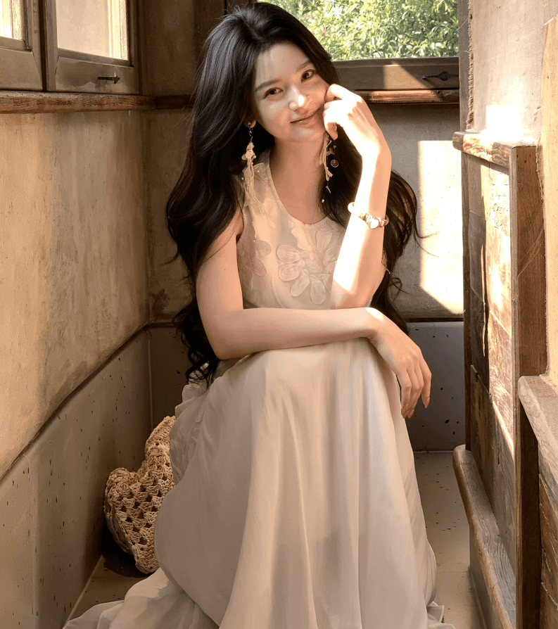하나부터 순간 봄 와일드 무거운 작업 3 차원 자수 패치워크 민소매 여성 드레스 품격 슬림해 보이는 휴가 롱 스커트 상세 이미지 4