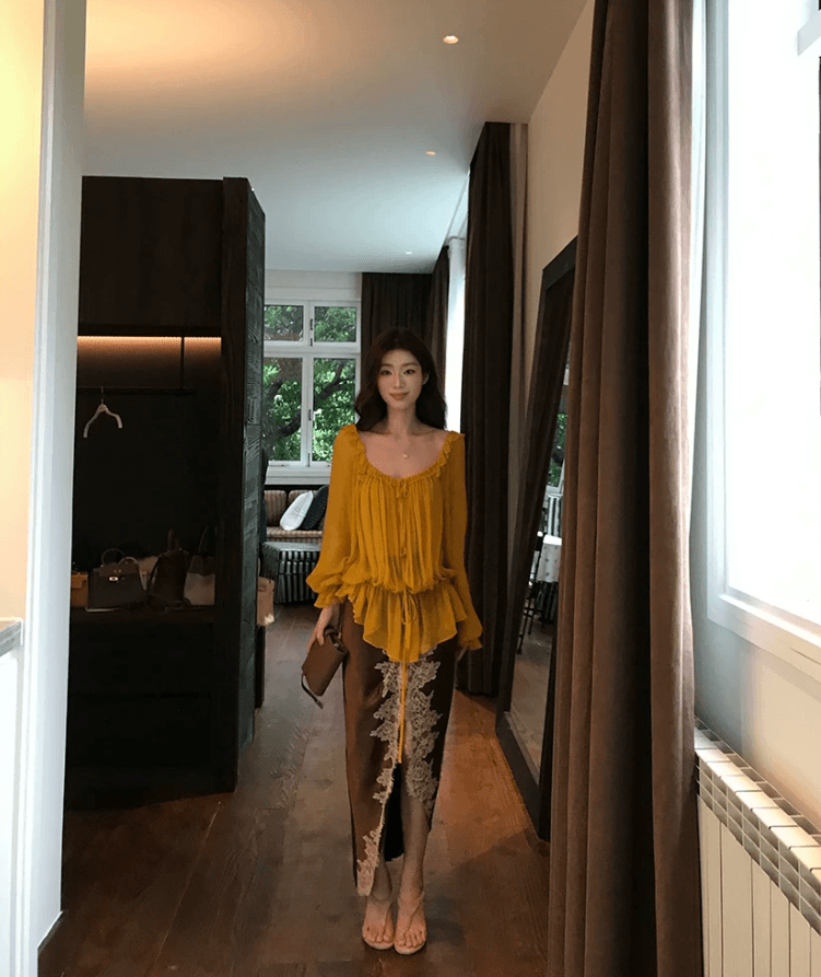 sya 크 사이 작은 웨스트 프랑스식 질감 레이스업 맨위 이른 가을 여성 프릴 광장 칼라 부서 사람들을 데려 오라. 실크 긴팔 블라우스 이미지 4