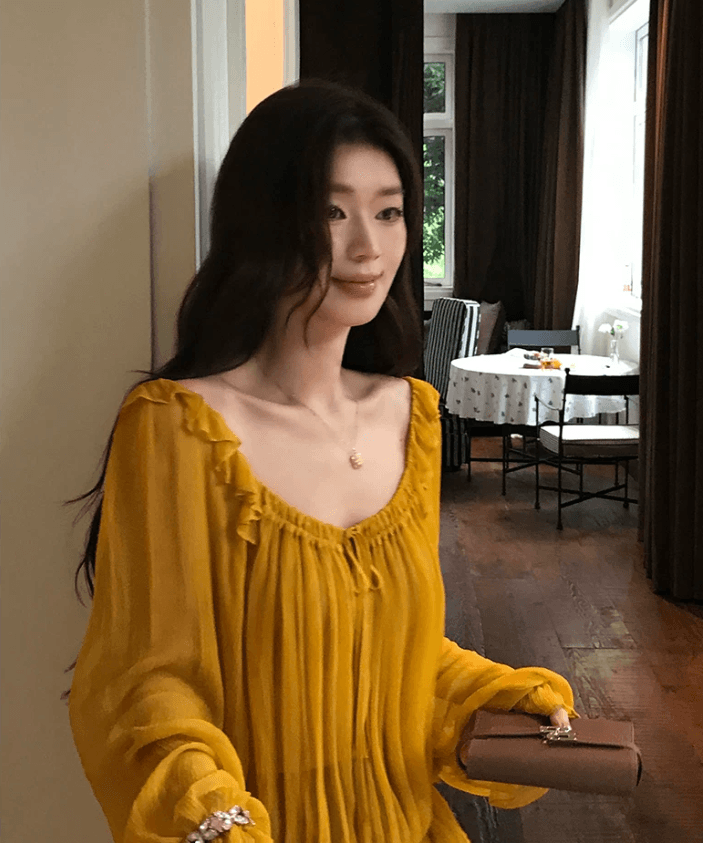 sya 크 사이 작은 웨스트 프랑스식 질감 레이스업 맨위 이른 가을 여성 프릴 광장 칼라 부서 사람들을 데려 오라. 실크 긴팔 블라우스 상세 이미지 3
