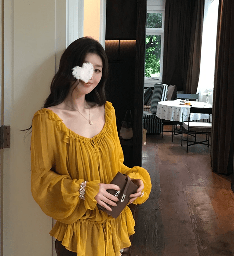 sya 크 사이 작은 웨스트 프랑스식 질감 레이스업 맨위 이른 가을 여성 프릴 광장 칼라 부서 사람들을 데려 오라. 실크 긴팔 블라우스 상세 이미지 4