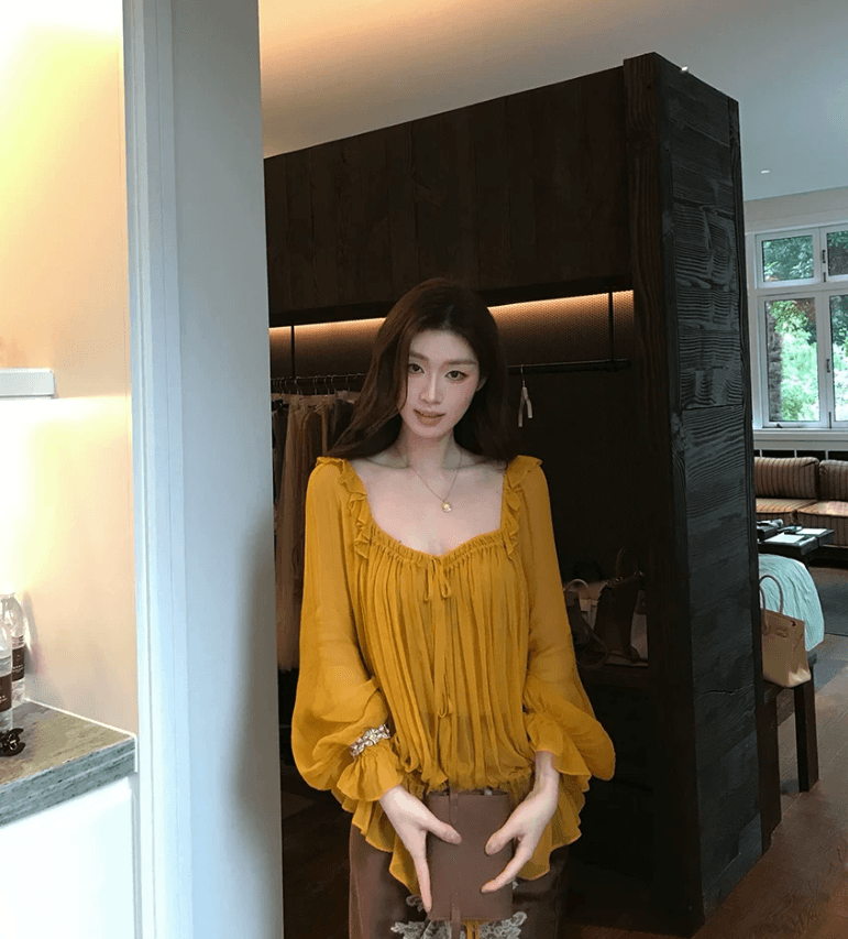sya 크 사이 작은 웨스트 프랑스식 질감 레이스업 맨위 이른 가을 여성 프릴 광장 칼라 부서 사람들을 데려 오라. 실크 긴팔 블라우스 상세 이미지 2