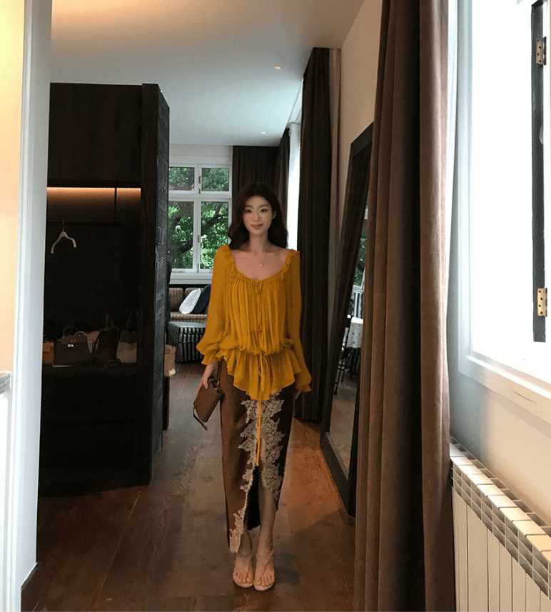 sya 크 사이 작은 웨스트 프랑스식 질감 레이스업 맨위 이른 가을 여성 프릴 광장 칼라 부서 사람들을 데려 오라. 실크 긴팔 블라우스 상세 이미지 3