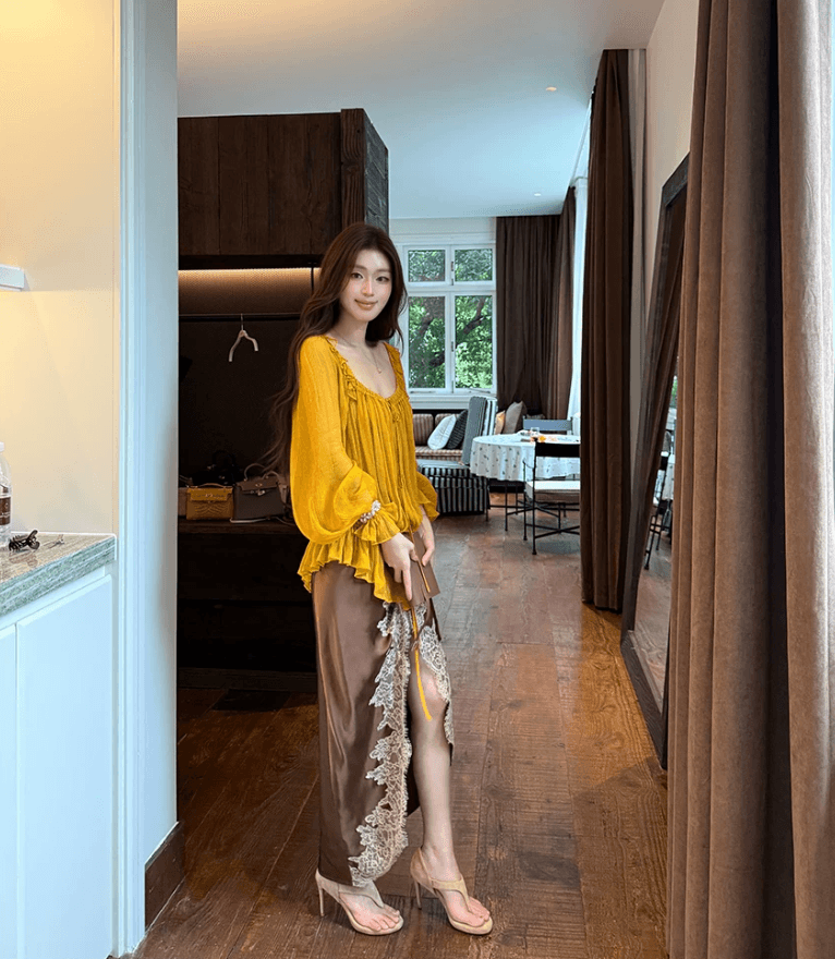 sya 크 사이 작은 웨스트 프랑스식 질감 레이스업 맨위 이른 가을 여성 프릴 광장 칼라 부서 사람들을 데려 오라. 실크 긴팔 블라우스 상세 이미지 4