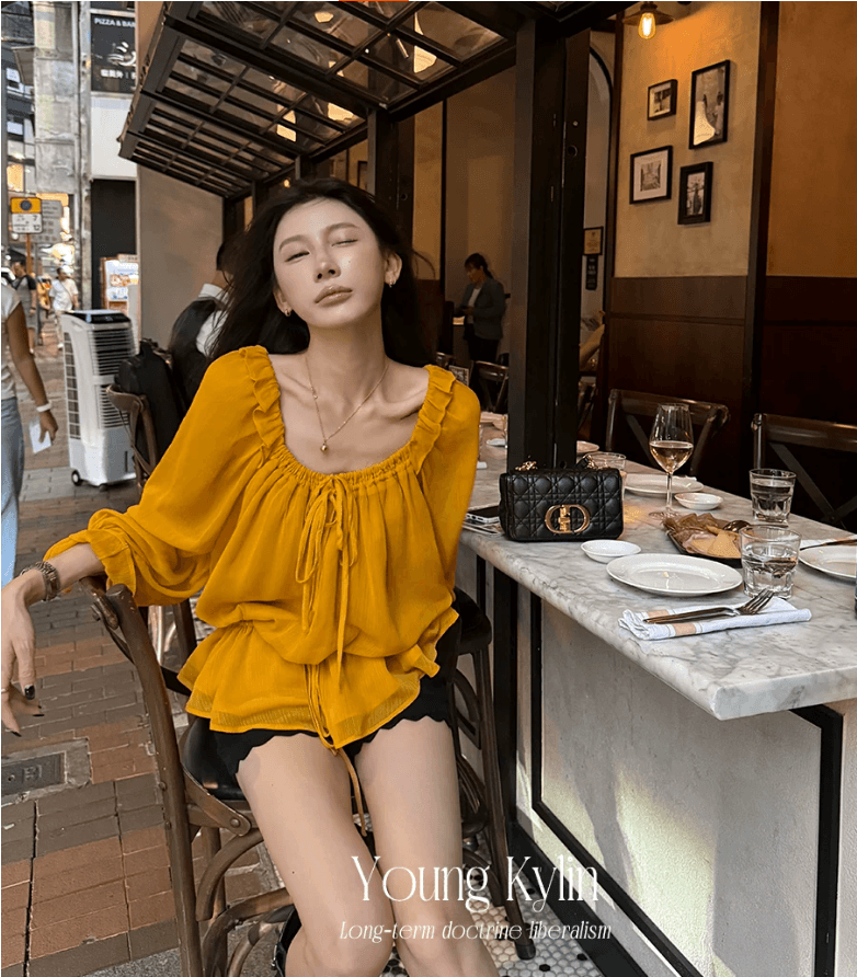 70 아니요 칠십 보존 섹션 디스플레이 화이트 메이플 리프 황색 가벼움 분위기 센스 프릴 긴팔 쉬폰 블라우스 맨위 이미지 4