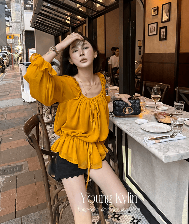 70 아니요 칠십 보존 섹션 디스플레이 화이트 메이플 리프 황색 가벼움 분위기 센스 프릴 긴팔 쉬폰 블라우스 맨위 이미지 3