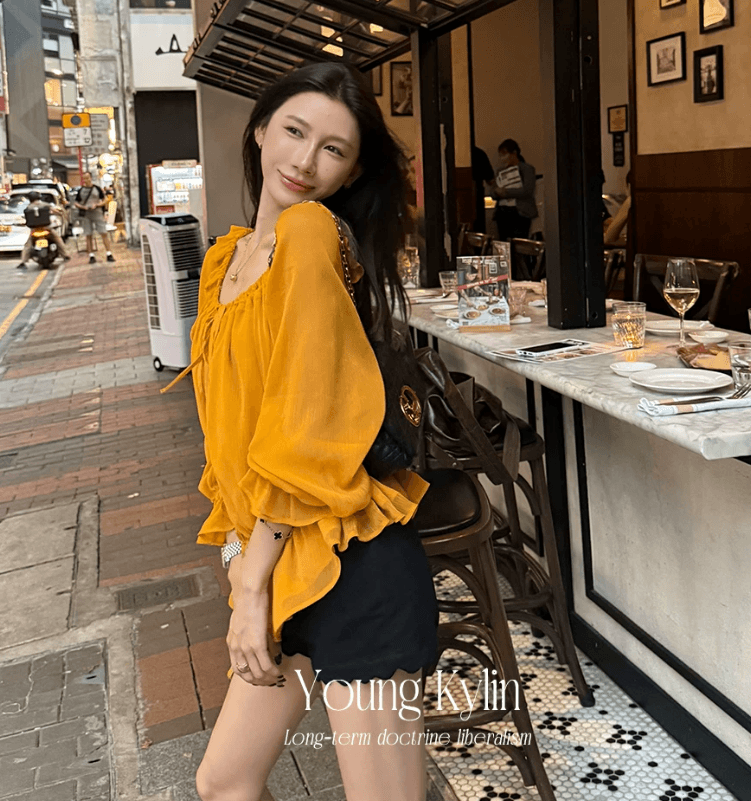 70 아니요 칠십 보존 섹션 디스플레이 화이트 메이플 리프 황색 가벼움 분위기 센스 프릴 긴팔 쉬폰 블라우스 맨위 이미지 2