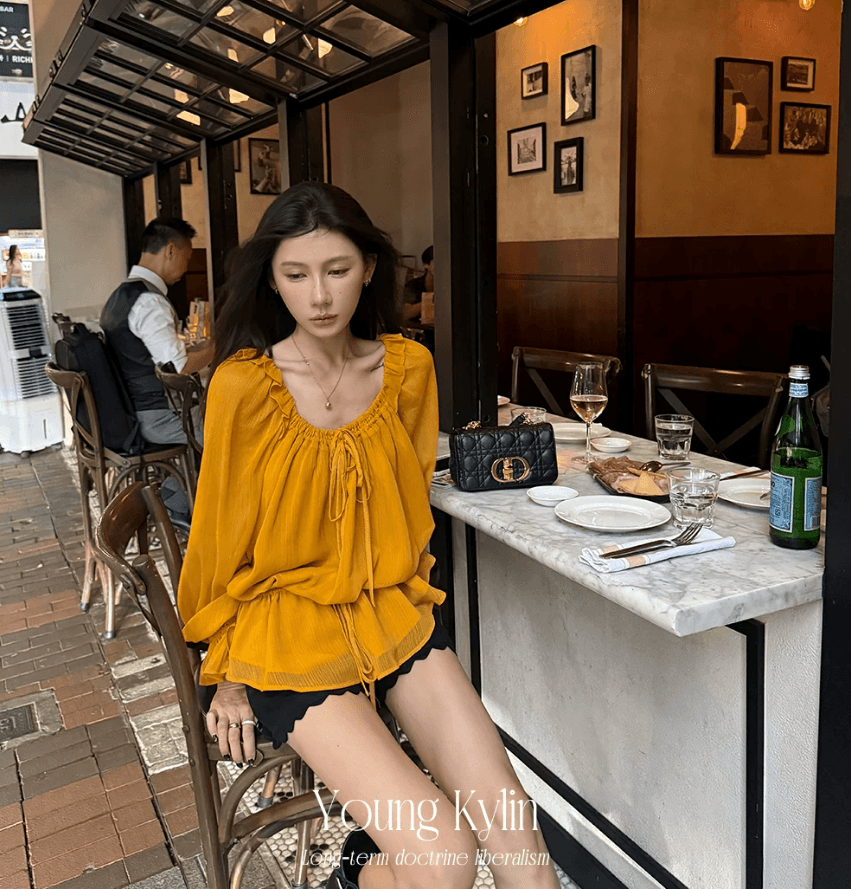 70 아니요 칠십 보존 섹션 디스플레이 화이트 메이플 리프 황색 가벼움 분위기 센스 프릴 긴팔 쉬폰 블라우스 맨위 상세 이미지 1