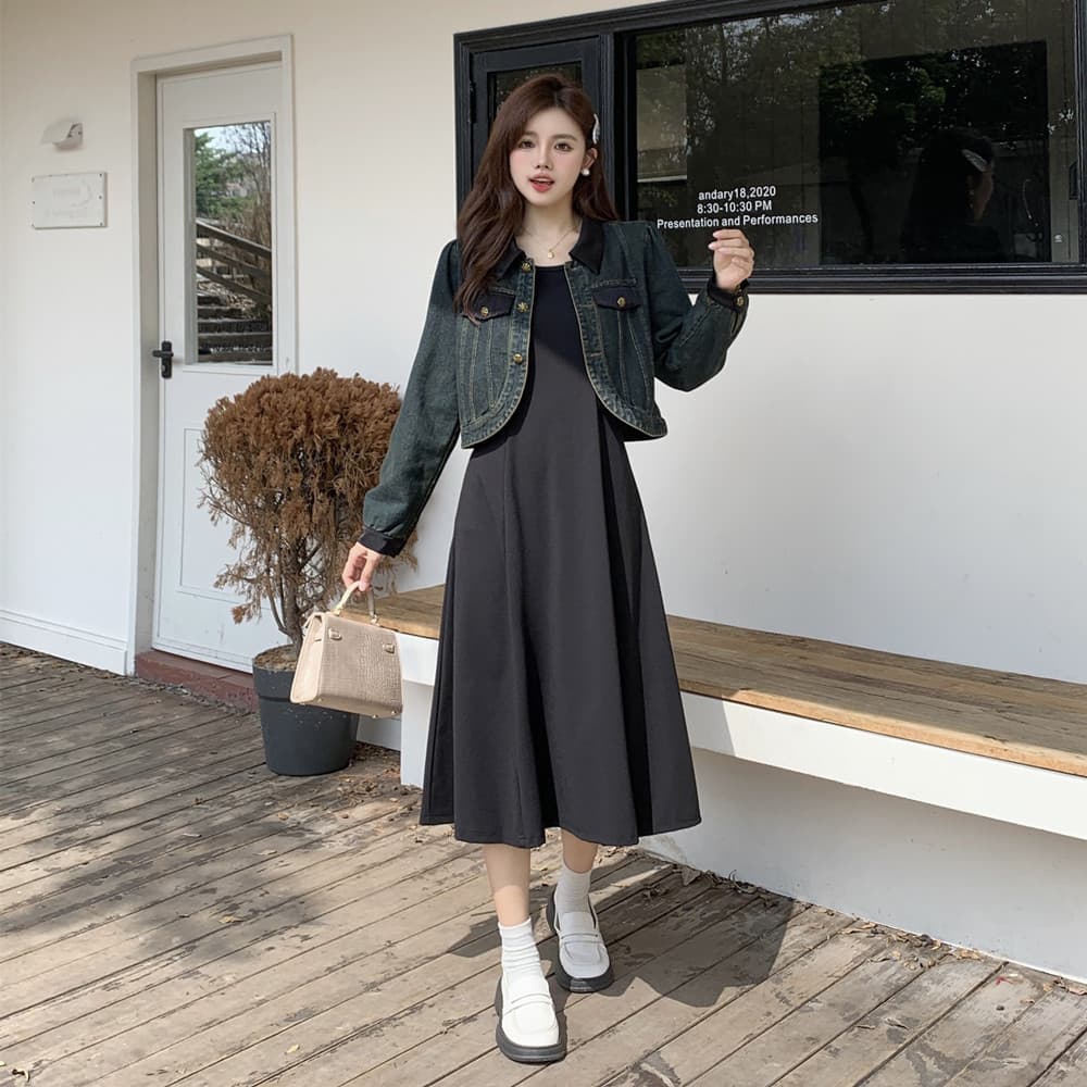 실사 빅 사이즈 여성 의류 데님 재킷 플러스 조끼 원피스 세트 지방 mm 허리 수축 슬림해 보이는 만나는 품격 롱 스커트 이미지 3