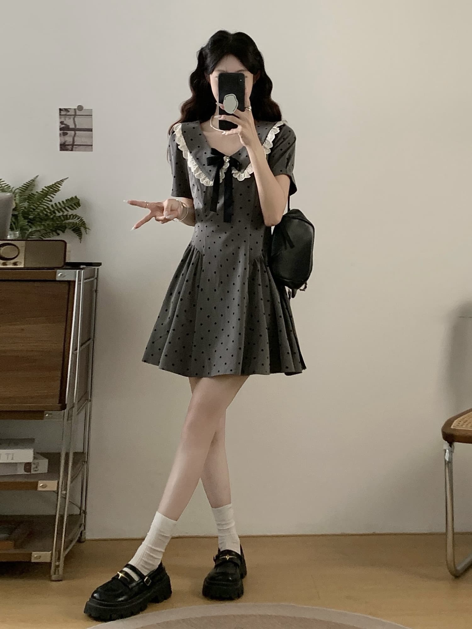 실사 빅 사이즈 여성 의류 프랑스식 연령 감소 베이비 칼라 쇼트 스타일 도트 무늬 드레스 지방 mm 허리 수축 슬림해 보이는 달콤함 치마 이미지 3