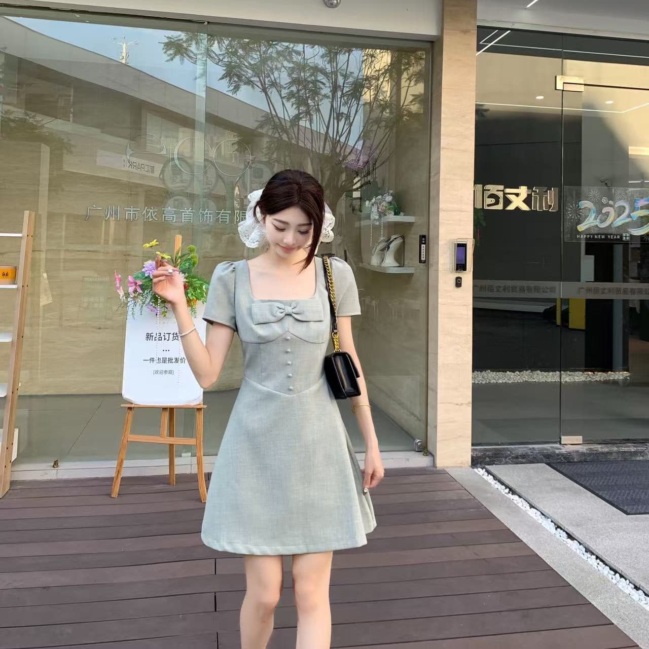 실사 빅 사이즈 여성 의류 품격 다용도 슬림해 보이는 드레스 지방 mm 허리 수축 슬림해 보이는 프랑스식 광장 칼라 나비 매듭 치마 이미지 5